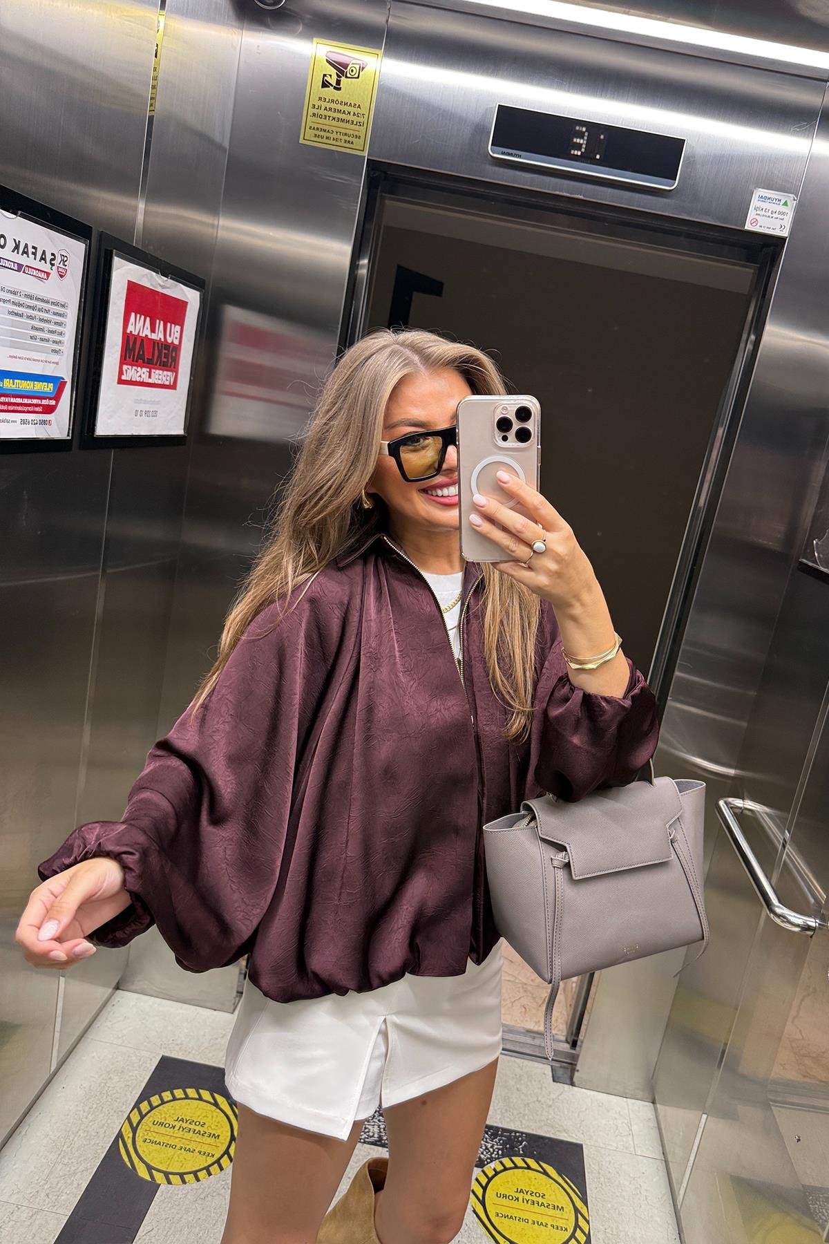 Premium Seri Yarasa Kol Tasarım Saten Bomber Ceket Mürdüm