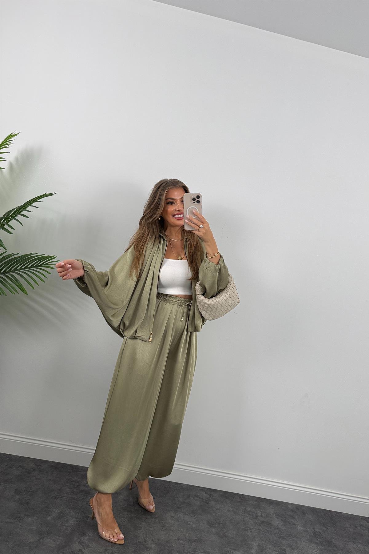 Premium Seri Yarasa Kol Tasarım Saten Bomber Ceket Haki