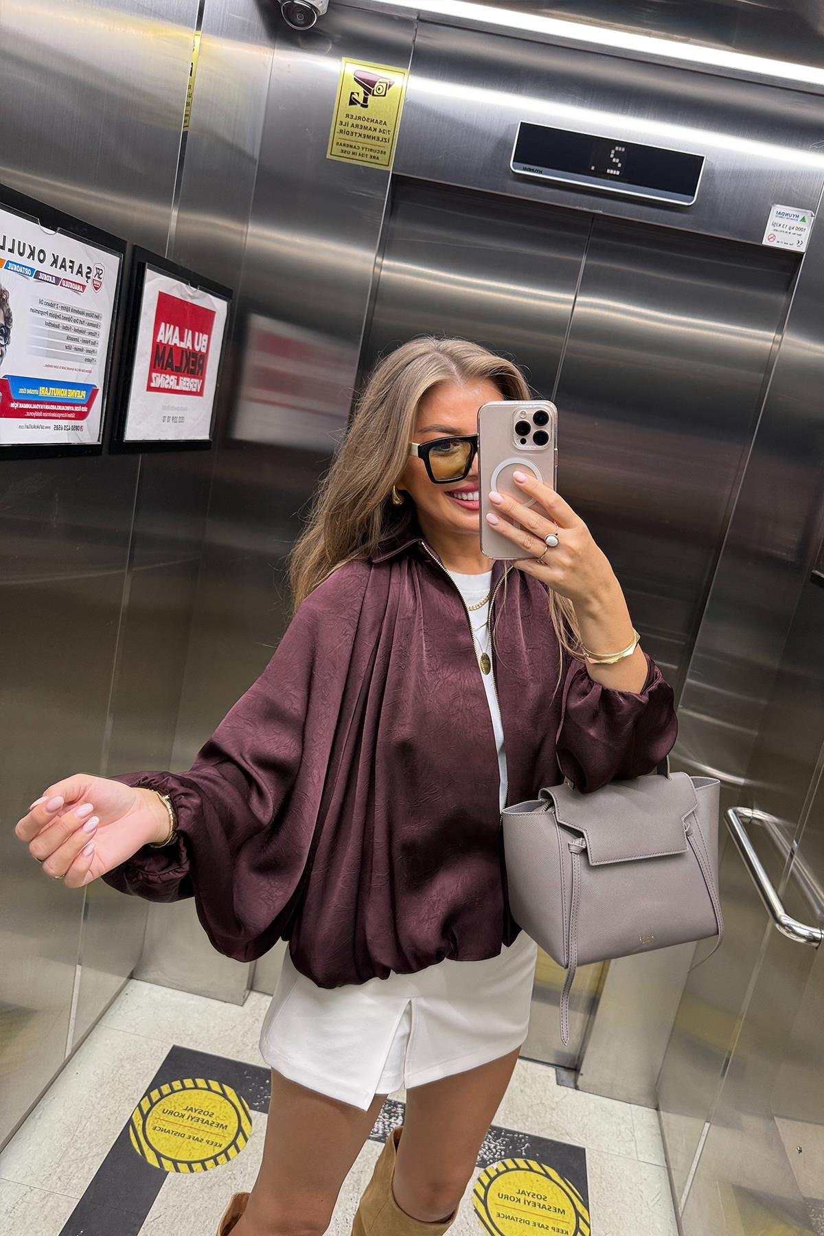 Premium Seri Yarasa Kol Tasarım Saten Bomber Ceket Mürdüm