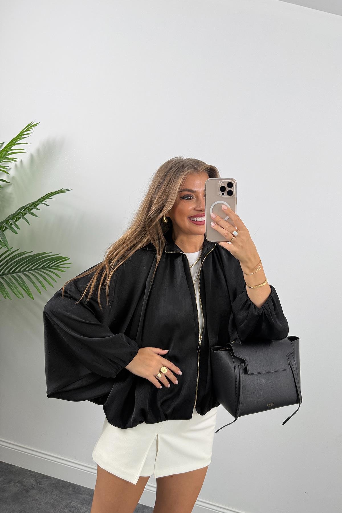 Premium Seri Yarasa Kol Tasarım Saten Bomber Ceket Siyah