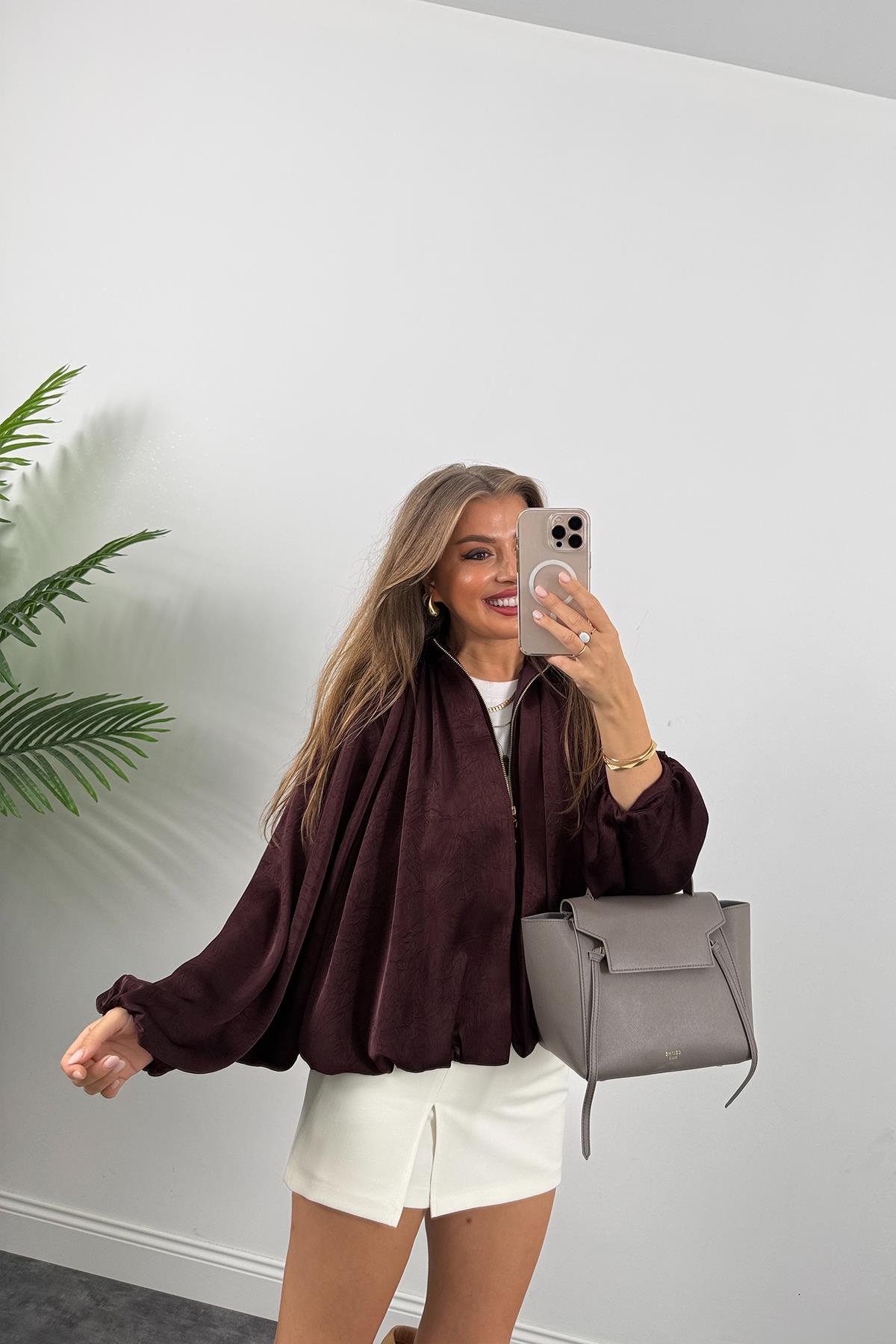 Premium Seri Yarasa Kol Tasarım Saten Bomber Ceket Mürdüm