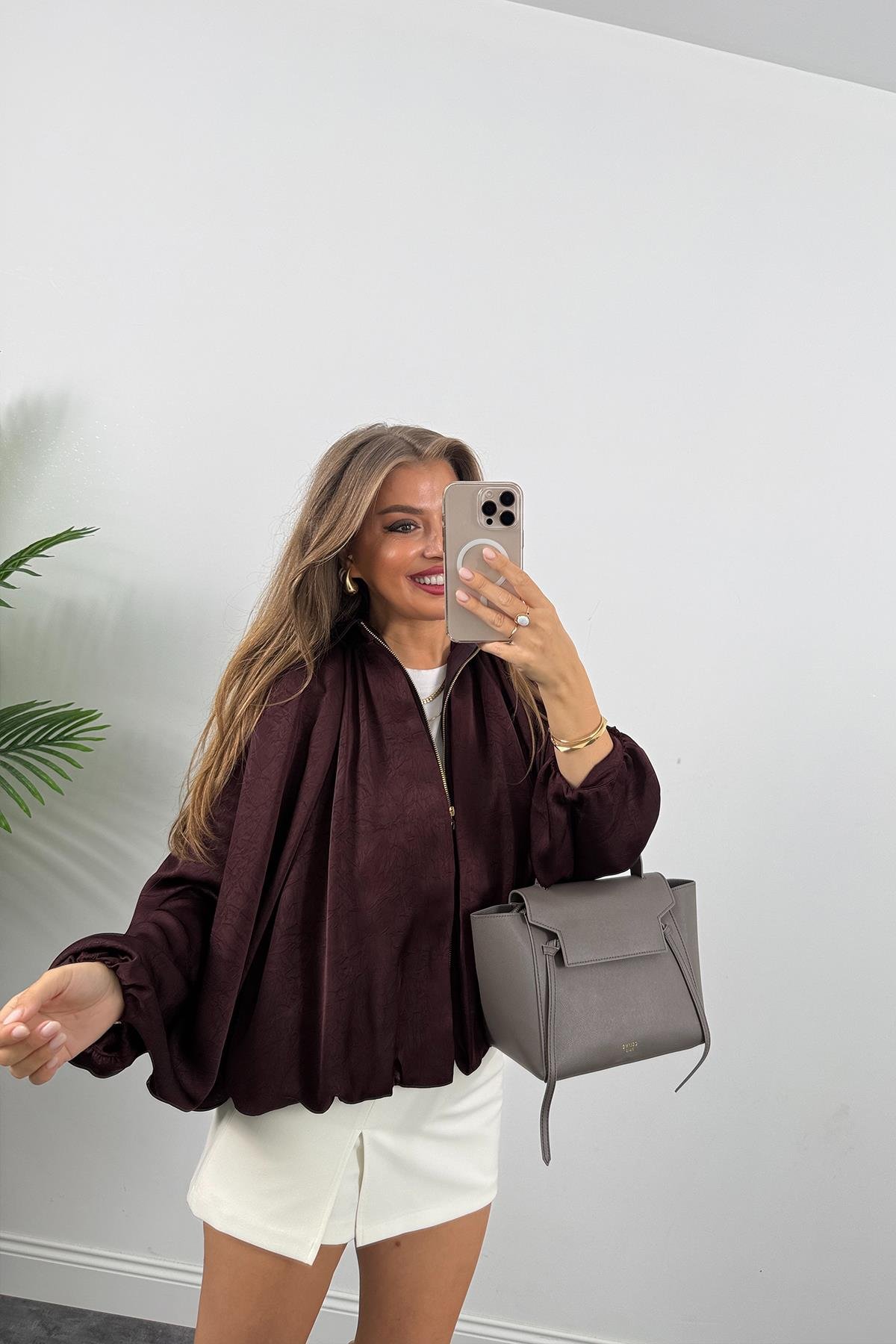 Premium Seri Yarasa Kol Tasarım Saten Bomber Ceket Mürdüm