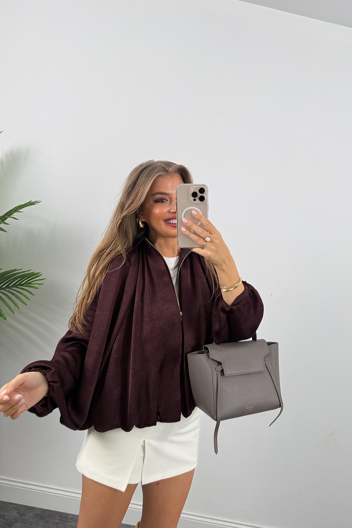 Premium Seri Yarasa Kol Tasarım Saten Bomber Ceket Mürdüm