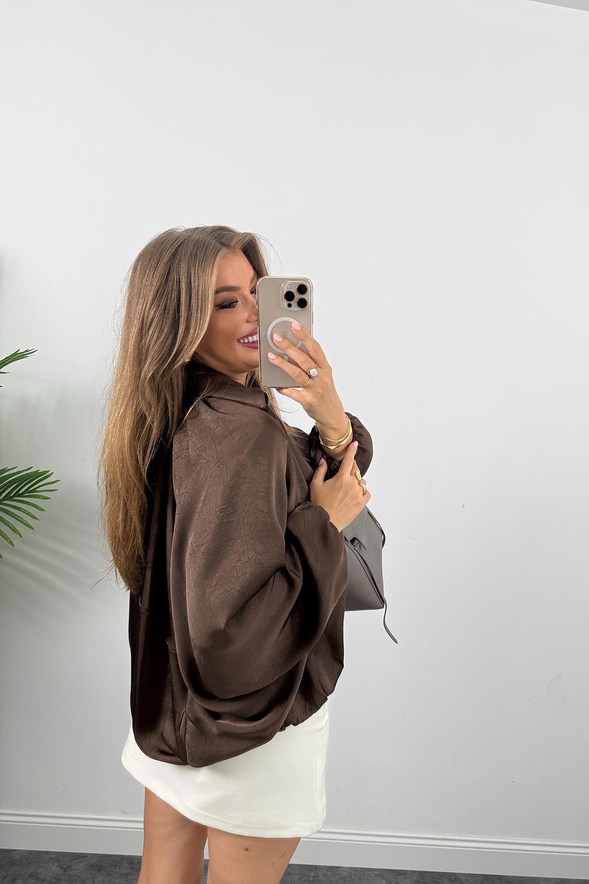 Premium Seri Yarasa Kol Tasarım Saten Bomber Ceket Acı Kahve