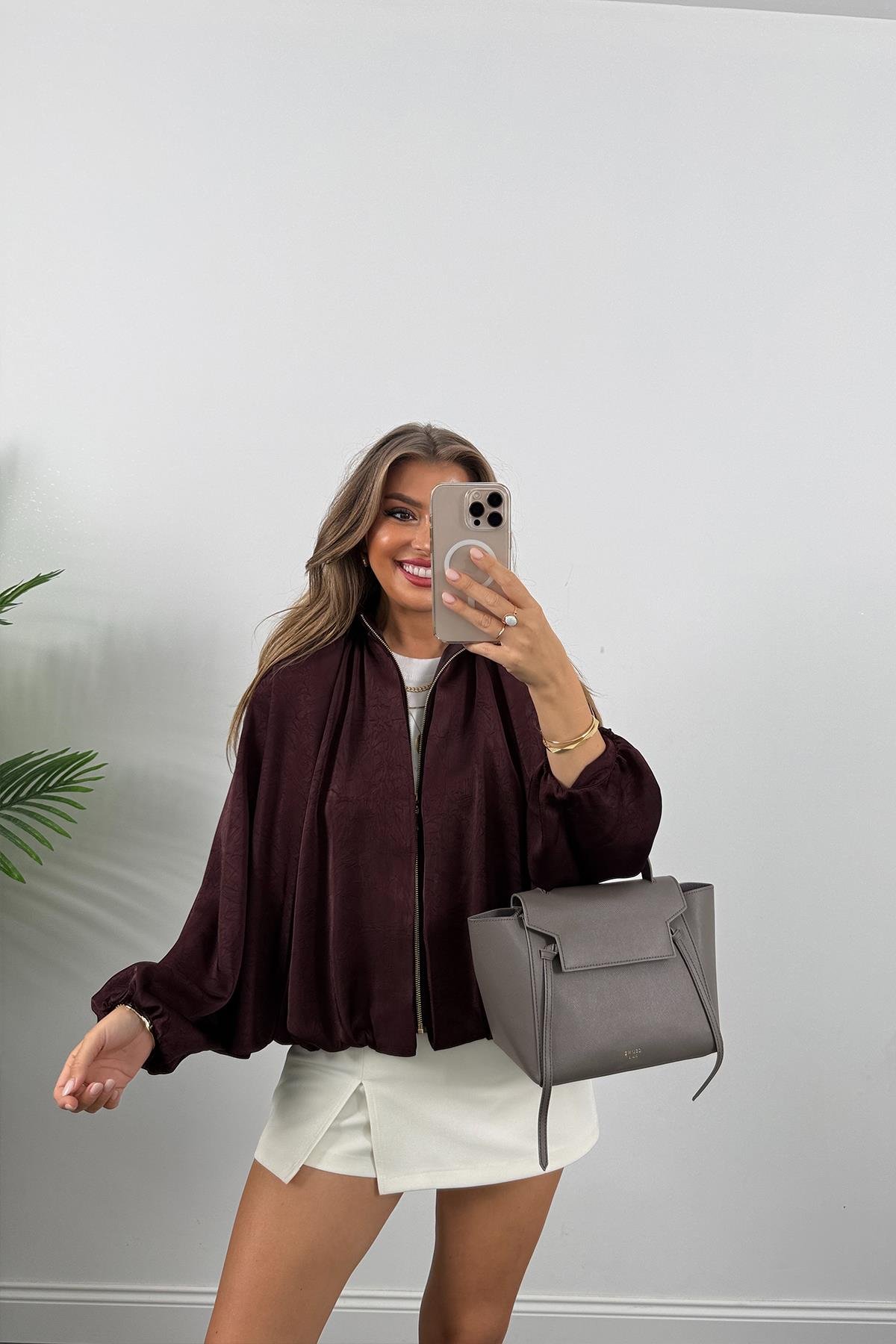 Premium Seri Yarasa Kol Tasarım Saten Bomber Ceket Mürdüm