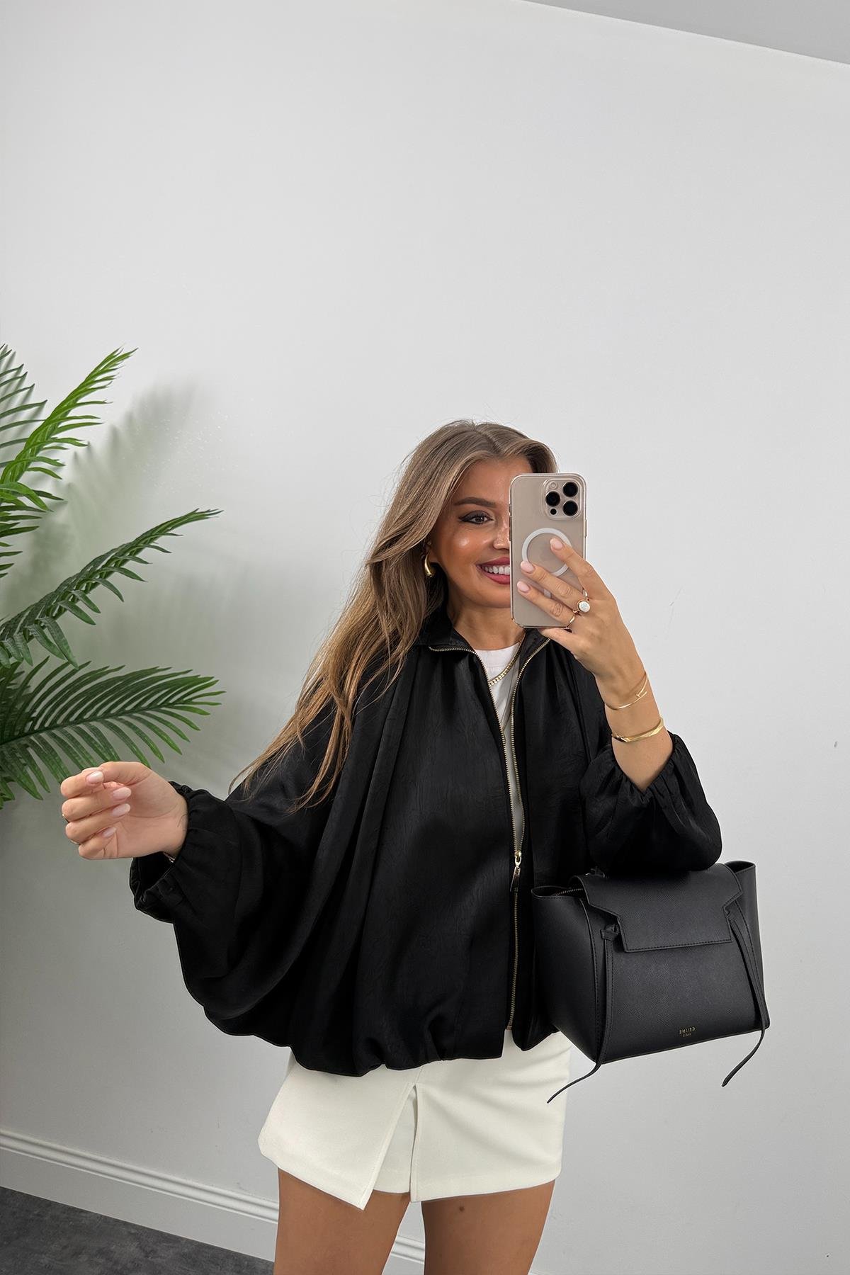 Premium Seri Yarasa Kol Tasarım Saten Bomber Ceket Siyah