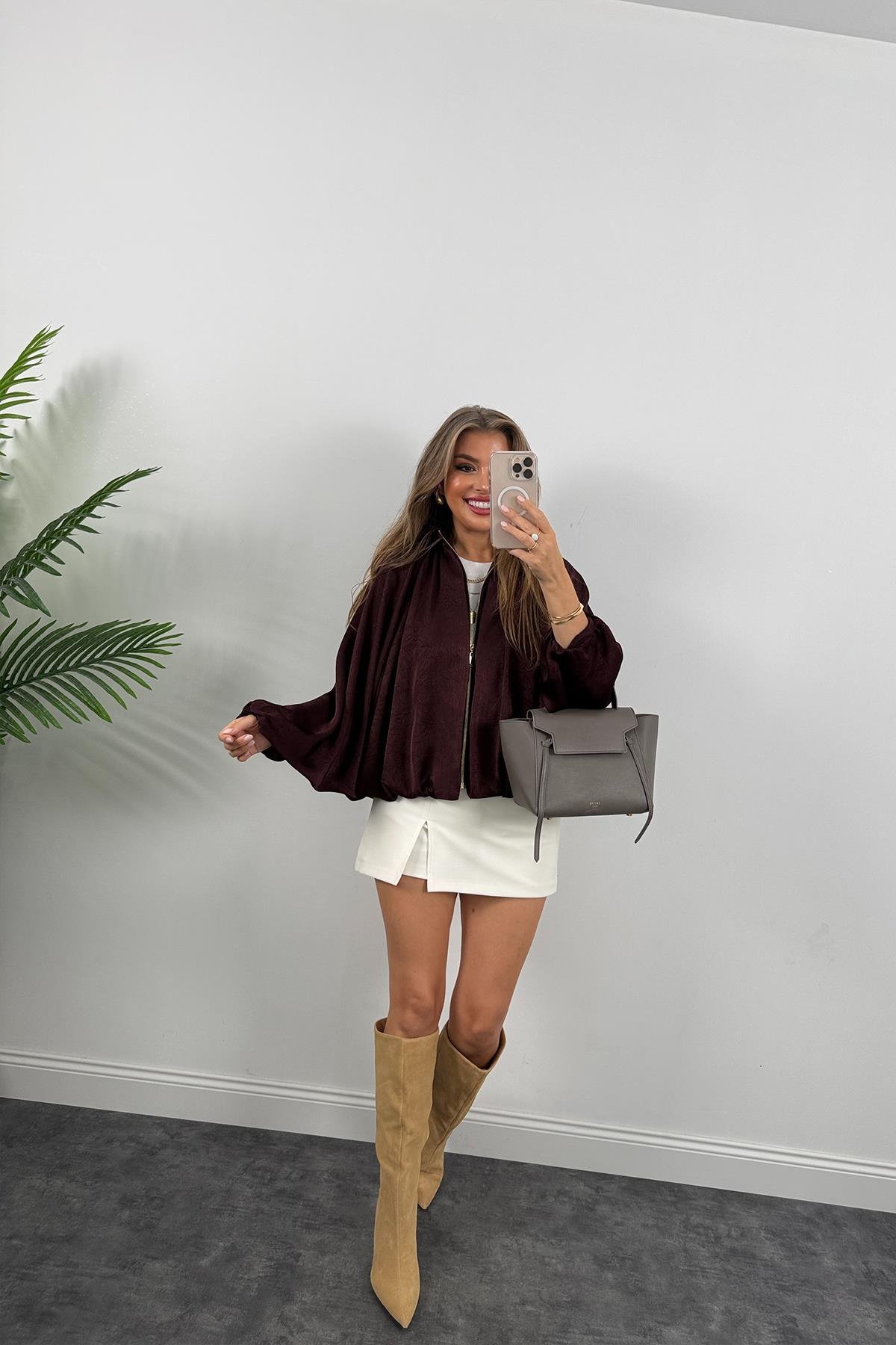 Premium Seri Yarasa Kol Tasarım Saten Bomber Ceket Mürdüm