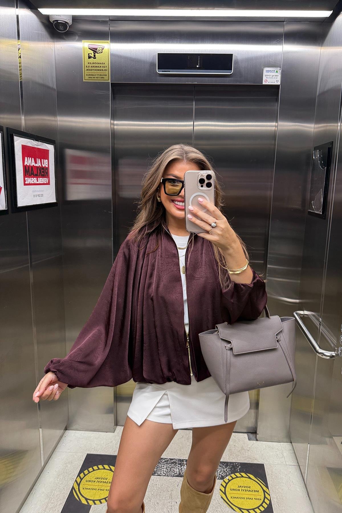 Premium Seri Yarasa Kol Tasarım Saten Bomber Ceket Mürdüm