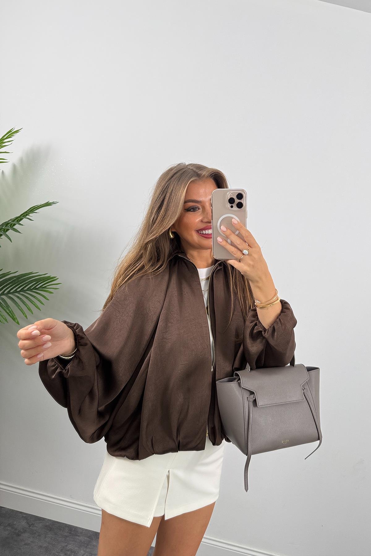 Premium Seri Yarasa Kol Tasarım Saten Bomber Ceket Acı Kahve