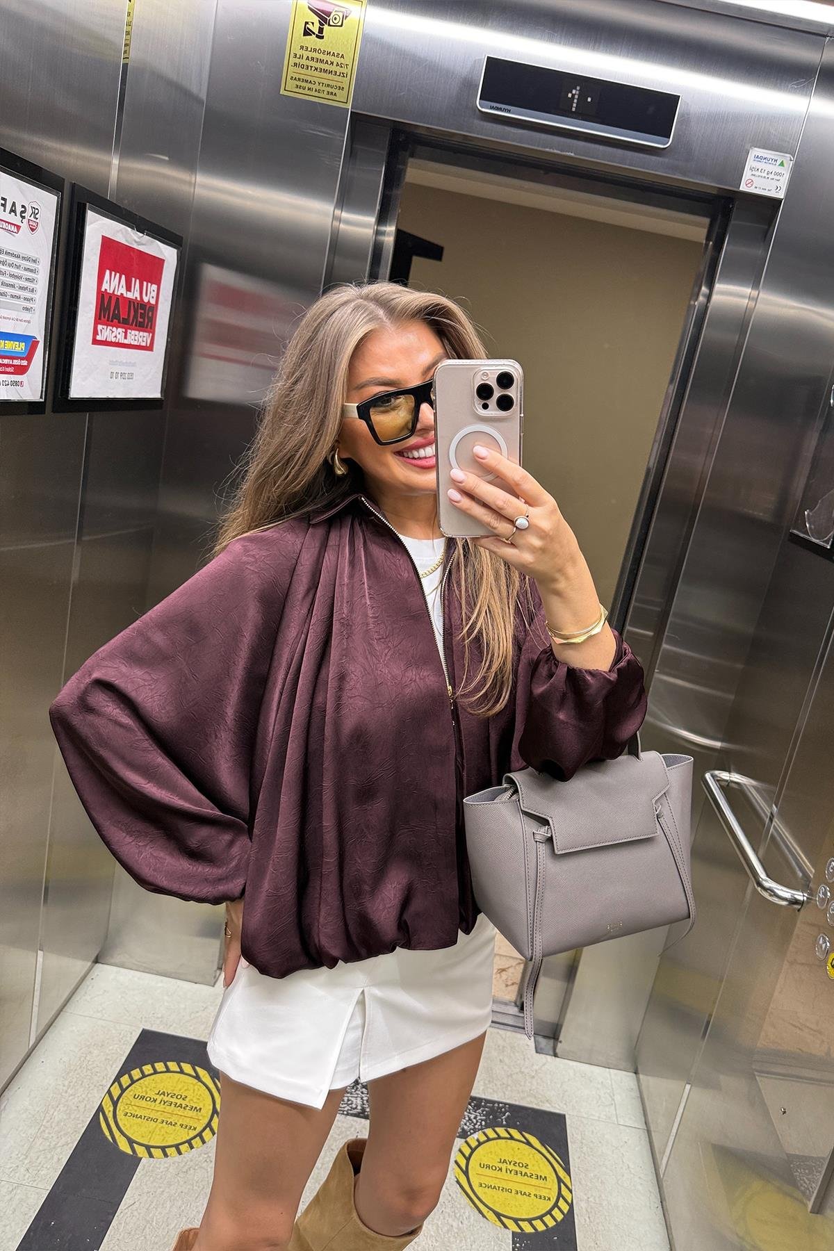 Premium Seri Yarasa Kol Tasarım Saten Bomber Ceket Mürdüm