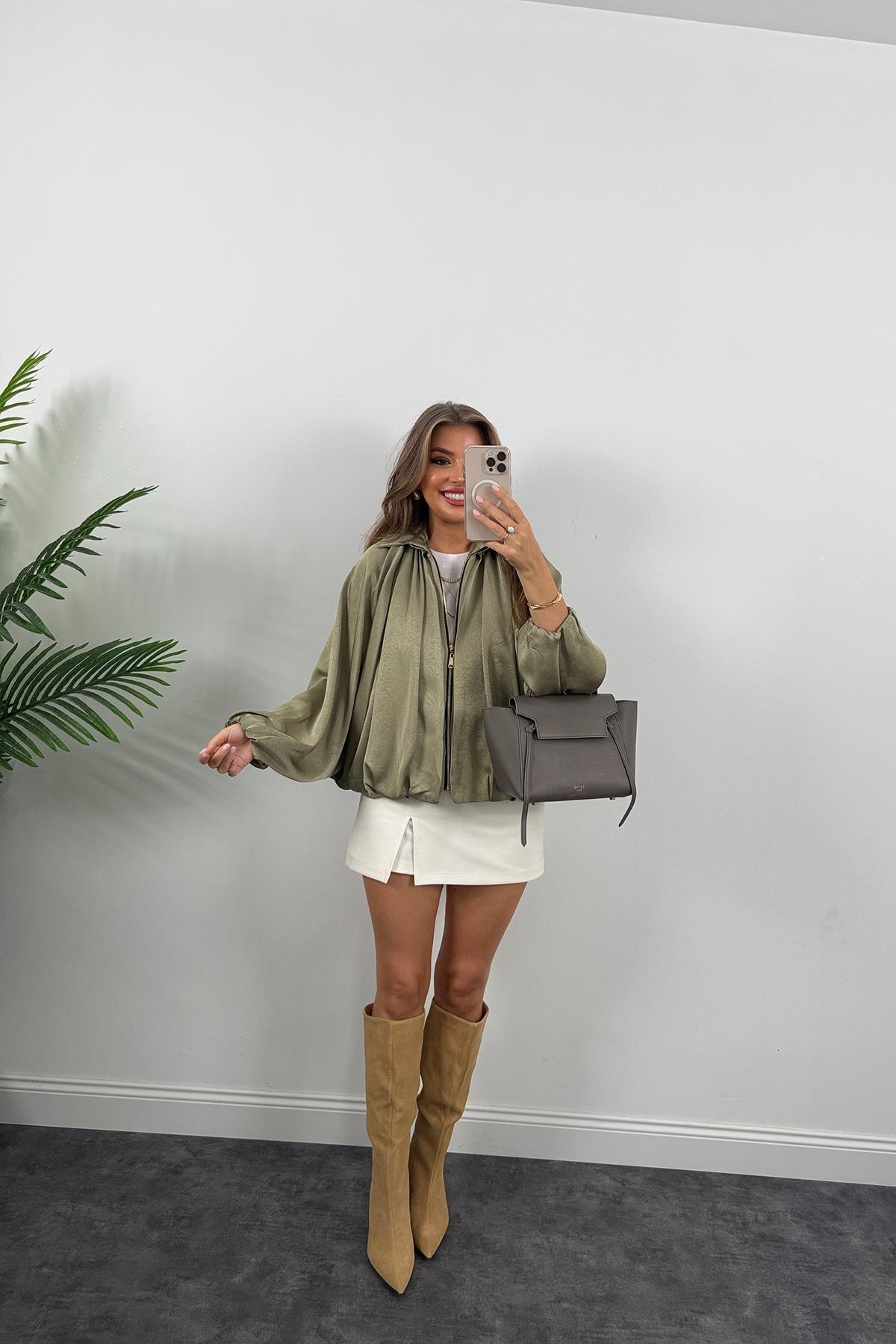 Premium Seri Yarasa Kol Tasarım Saten Bomber Ceket Haki