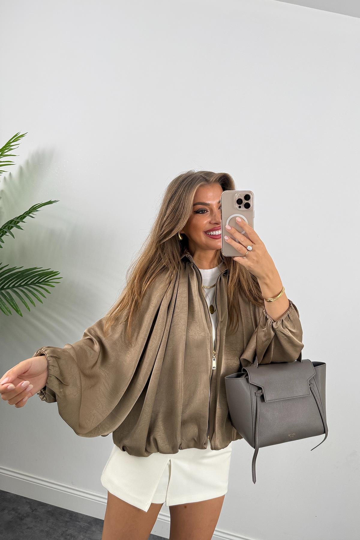 Premium Seri Yarasa Kol Tasarım Saten Bomber Ceket Vizyon