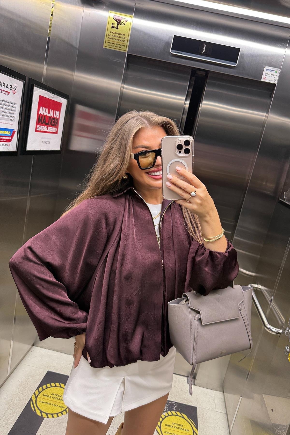 Premium Seri Yarasa Kol Tasarım Saten Bomber Ceket Mürdüm