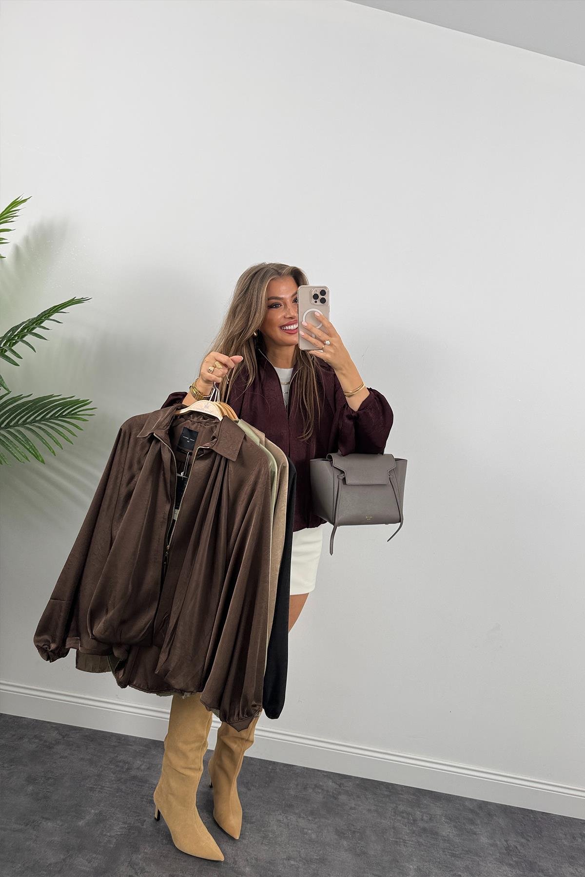 Premium Seri Yarasa Kol Tasarım Saten Bomber Ceket Mürdüm