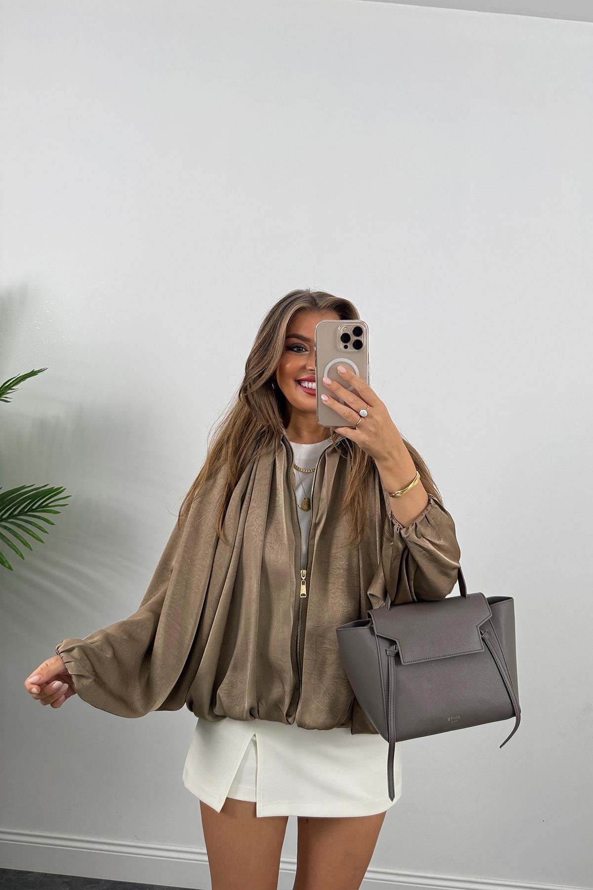 Premium Seri Yarasa Kol Tasarım Saten Bomber Ceket Vizyon