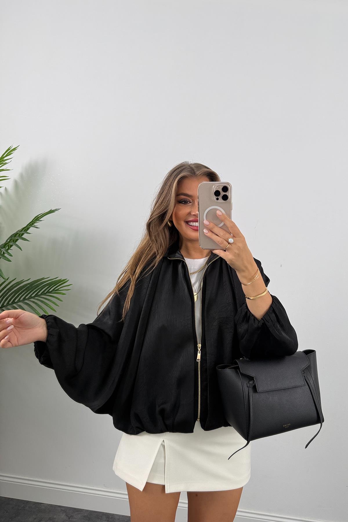 Premium Seri Yarasa Kol Tasarım Saten Bomber Ceket Siyah