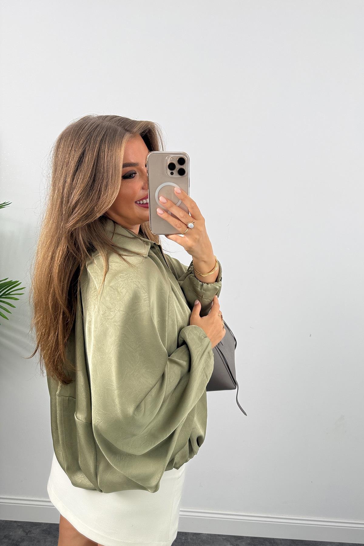 Premium Seri Yarasa Kol Tasarım Saten Bomber Ceket Haki