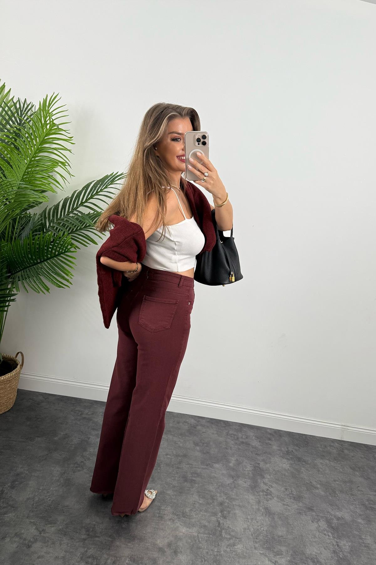 Premium Seri Yüksek Bel Palazzo Jean Bordo