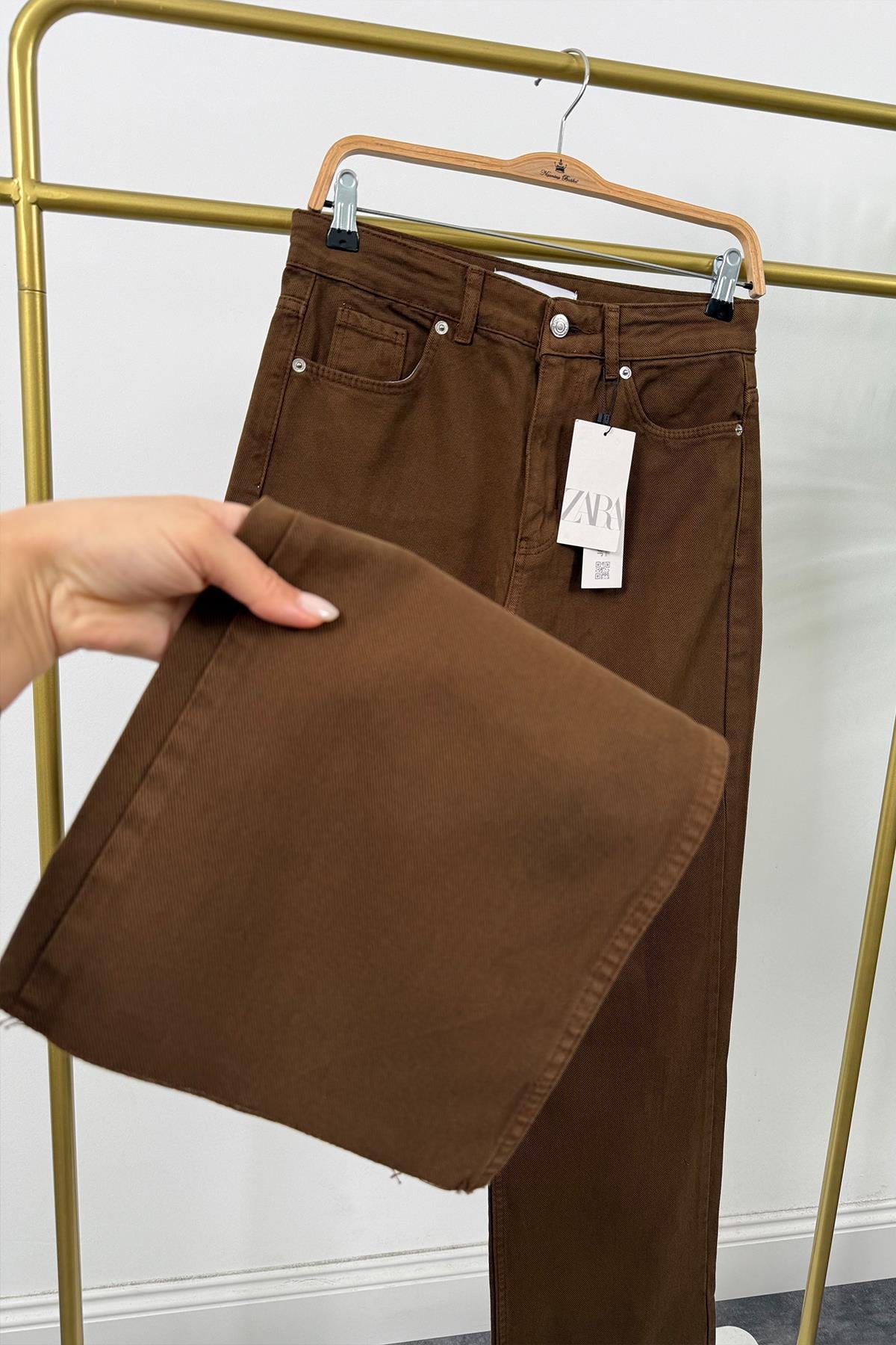 Premium Seri Yüksek Bel Palazzo Jean Kahverengi
