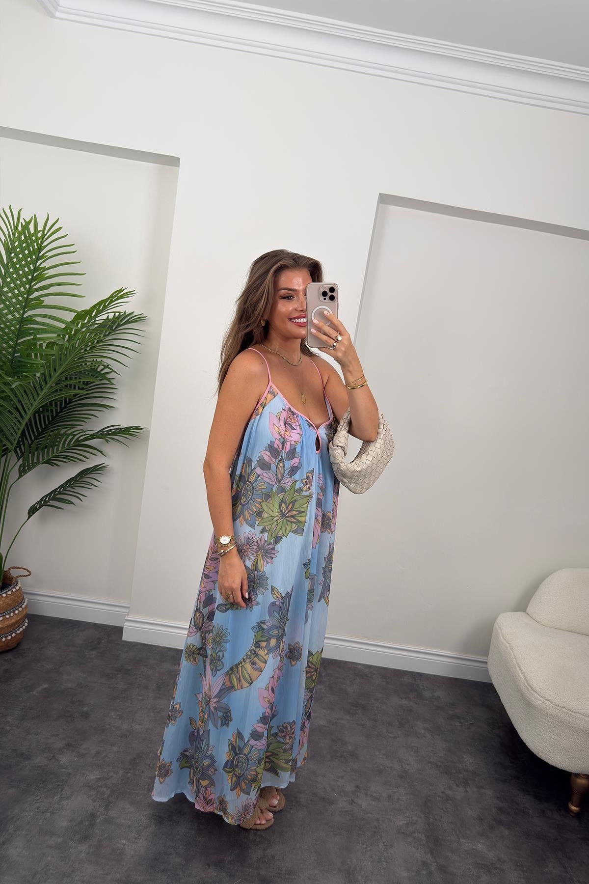 Rüya Serisi Maxi Salaş Şifon Elbise Mavi Desenli