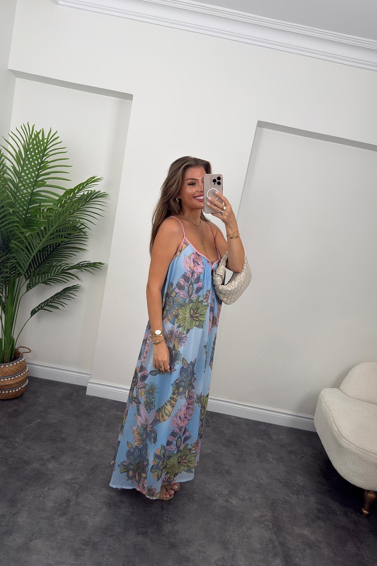 Rüya Serisi Maxi Salaş Şifon Elbise Mavi Desenli