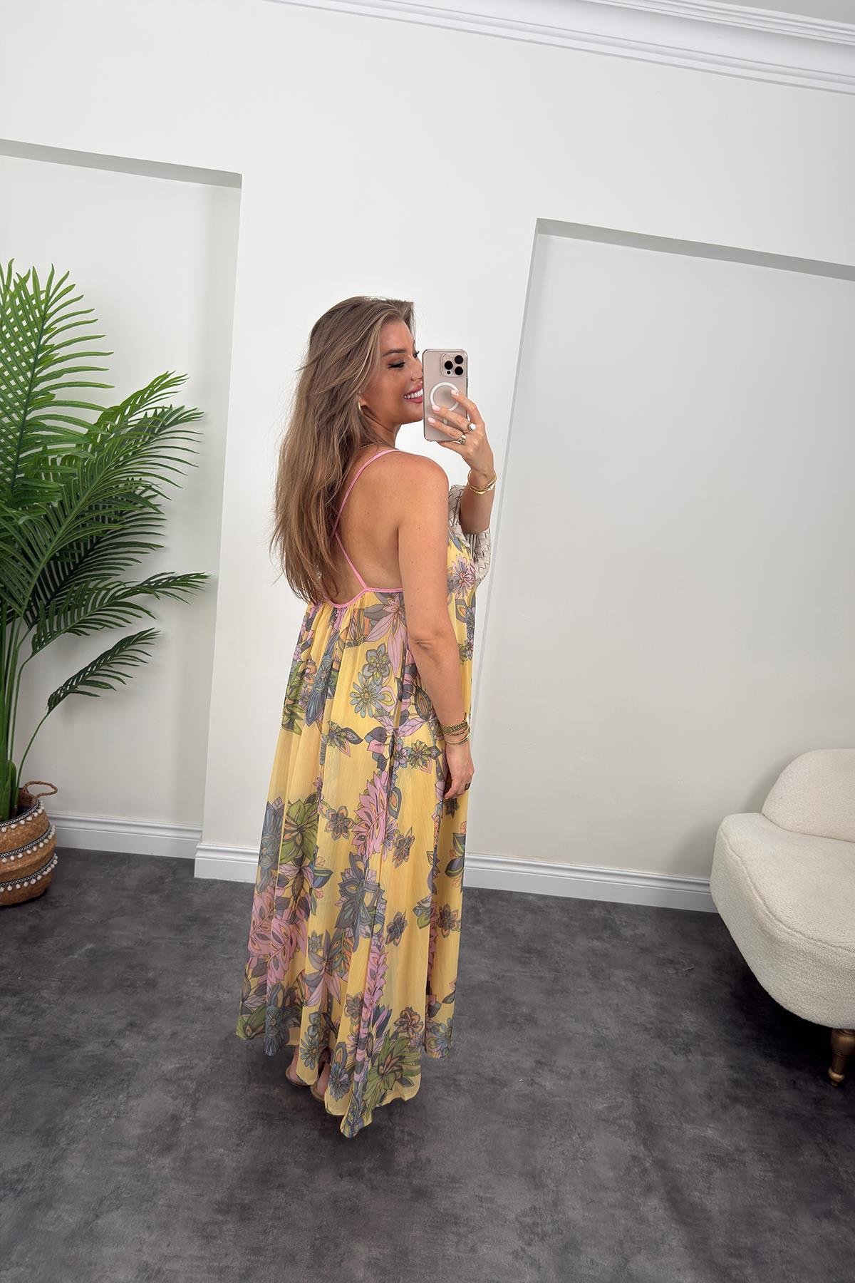 Rüya Serisi Maxi Salaş Şifon Elbise Sarı Desenli