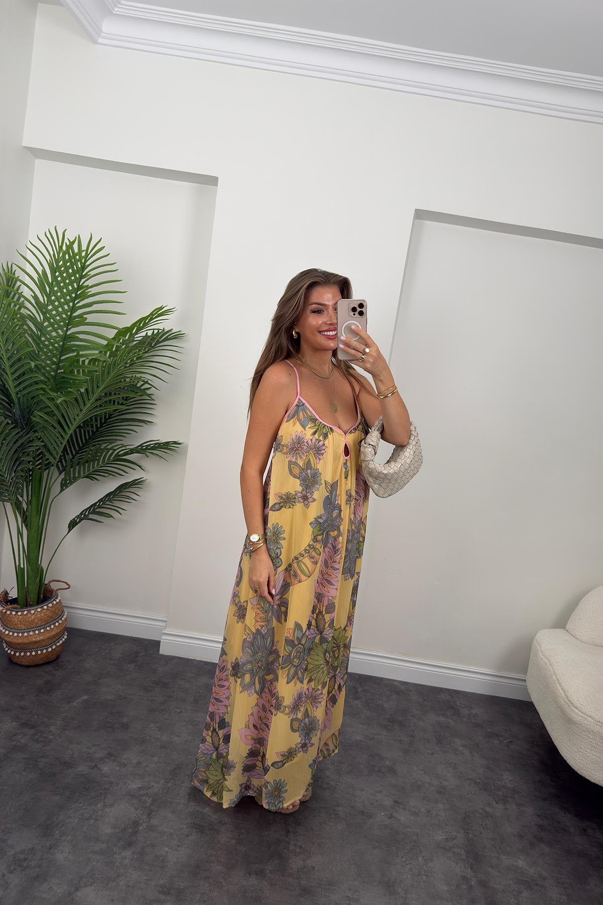 Rüya Serisi Maxi Salaş Şifon Elbise Sarı Desenli