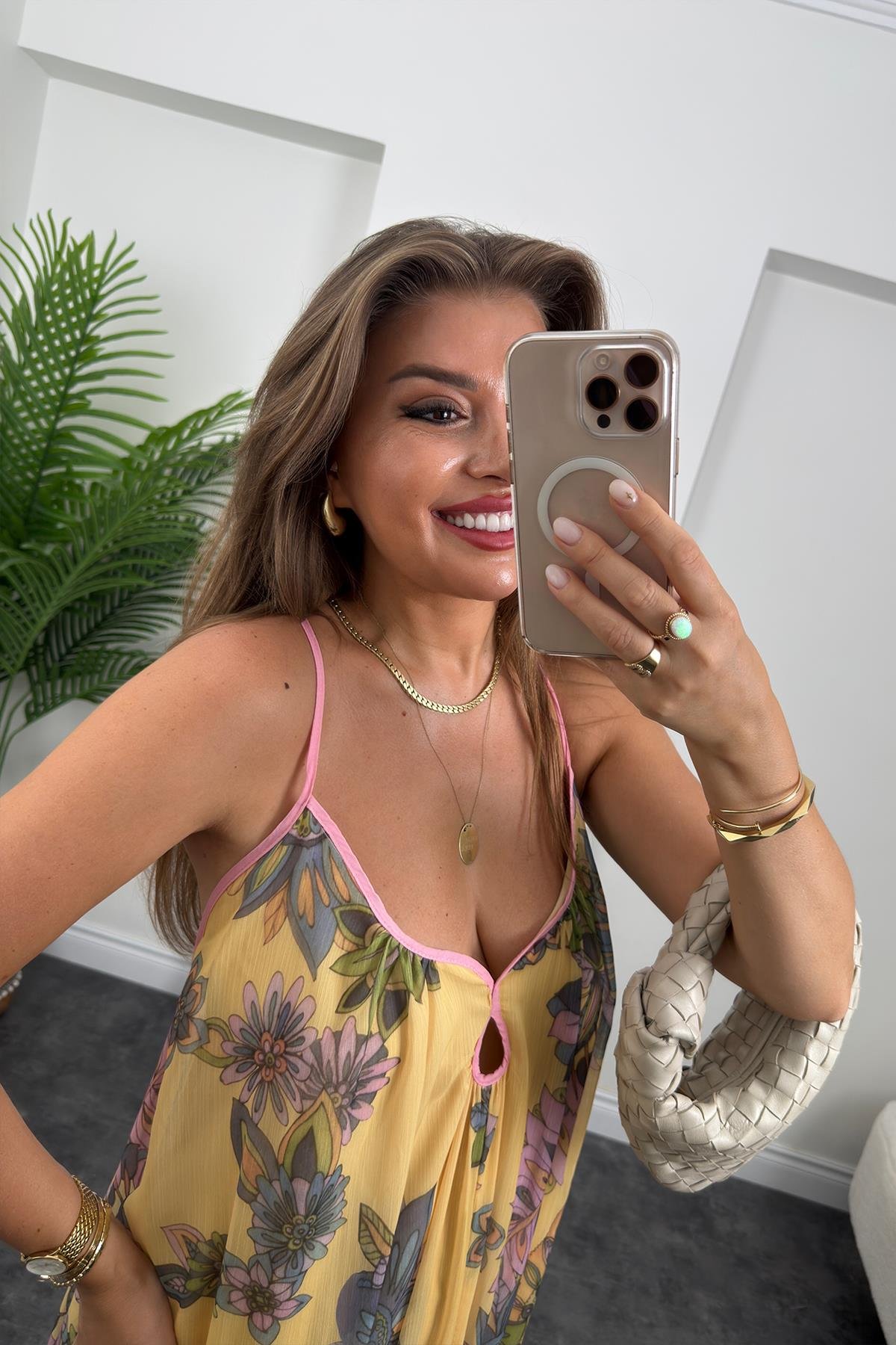 Rüya Serisi Maxi Salaş Şifon Elbise Sarı Desenli