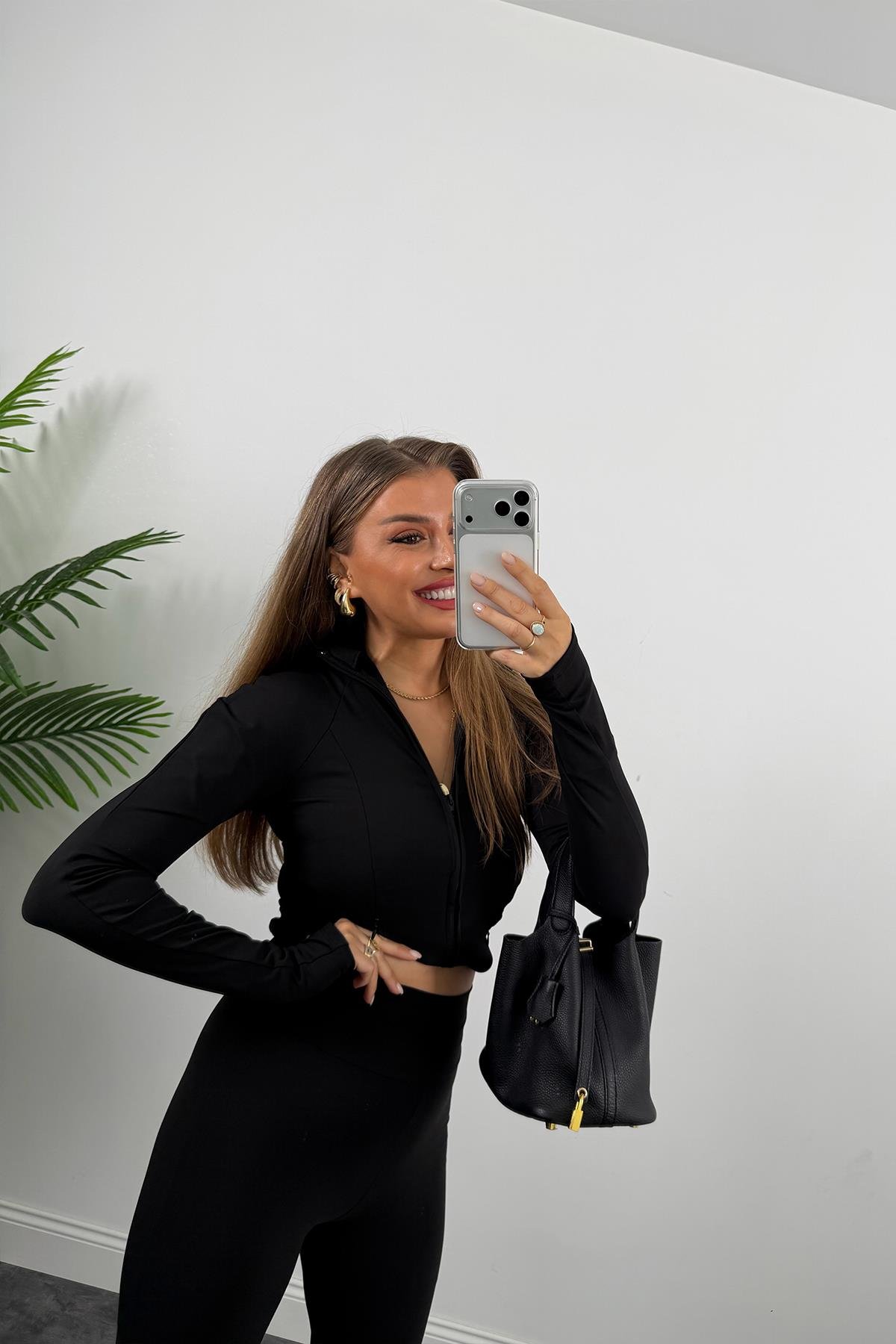 Soft Touch Lüx Kalite Oysh Model Yırtmaçlı Tayt Takım Siyah