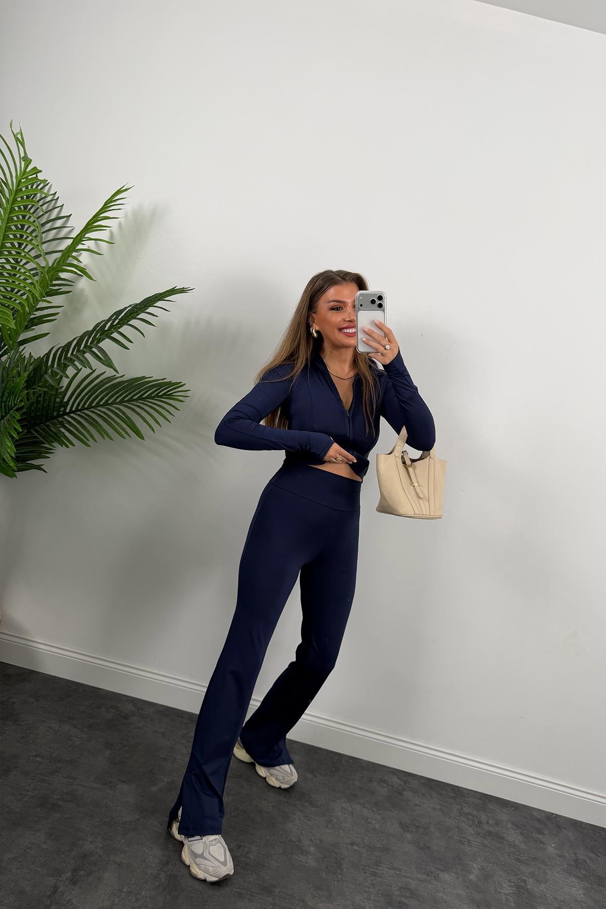 Soft Touch Lüx Kalite Oysh Model Yırtmaçlı Tayt Takım Lacivert