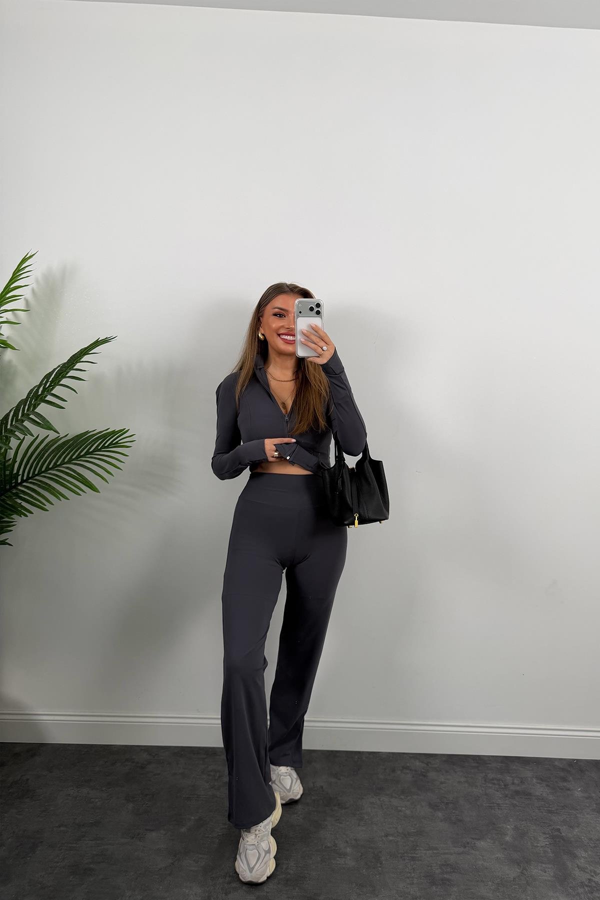 Soft Touch Lüx Kalite Oysh Model Yırtmaçlı Tayt Takım Antrasit