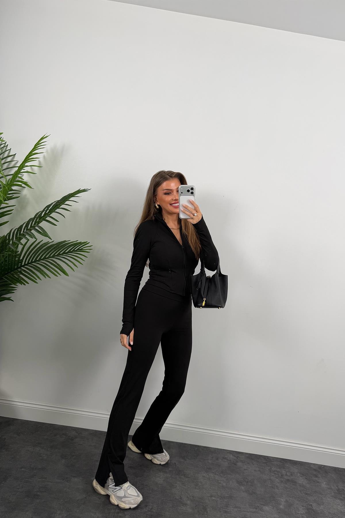 Soft Touch Lüx Kalite Oysh Model Yırtmaçlı Tayt Takım Siyah