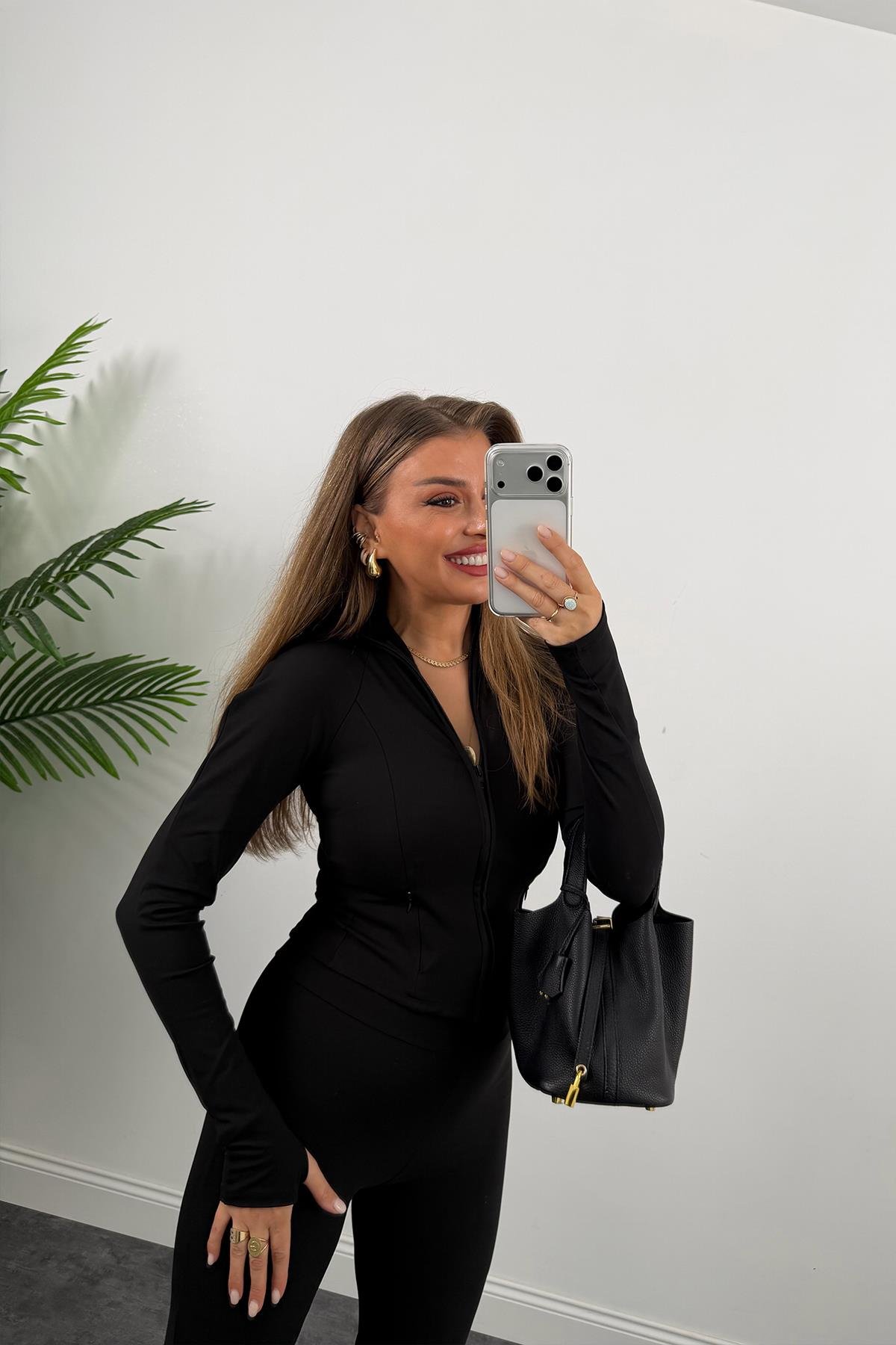 Soft Touch Lüx Kalite Oysh Model Yırtmaçlı Tayt Takım Siyah