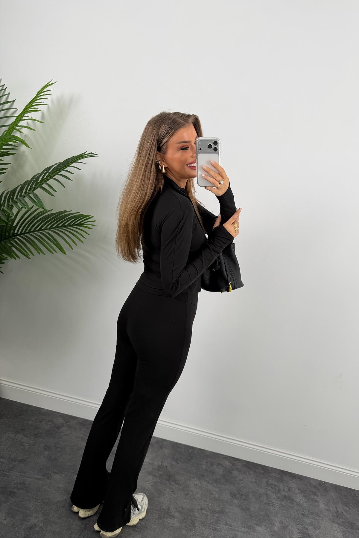 Soft Touch Lüx Kalite Oysh Model Yırtmaçlı Tayt Takım Siyah