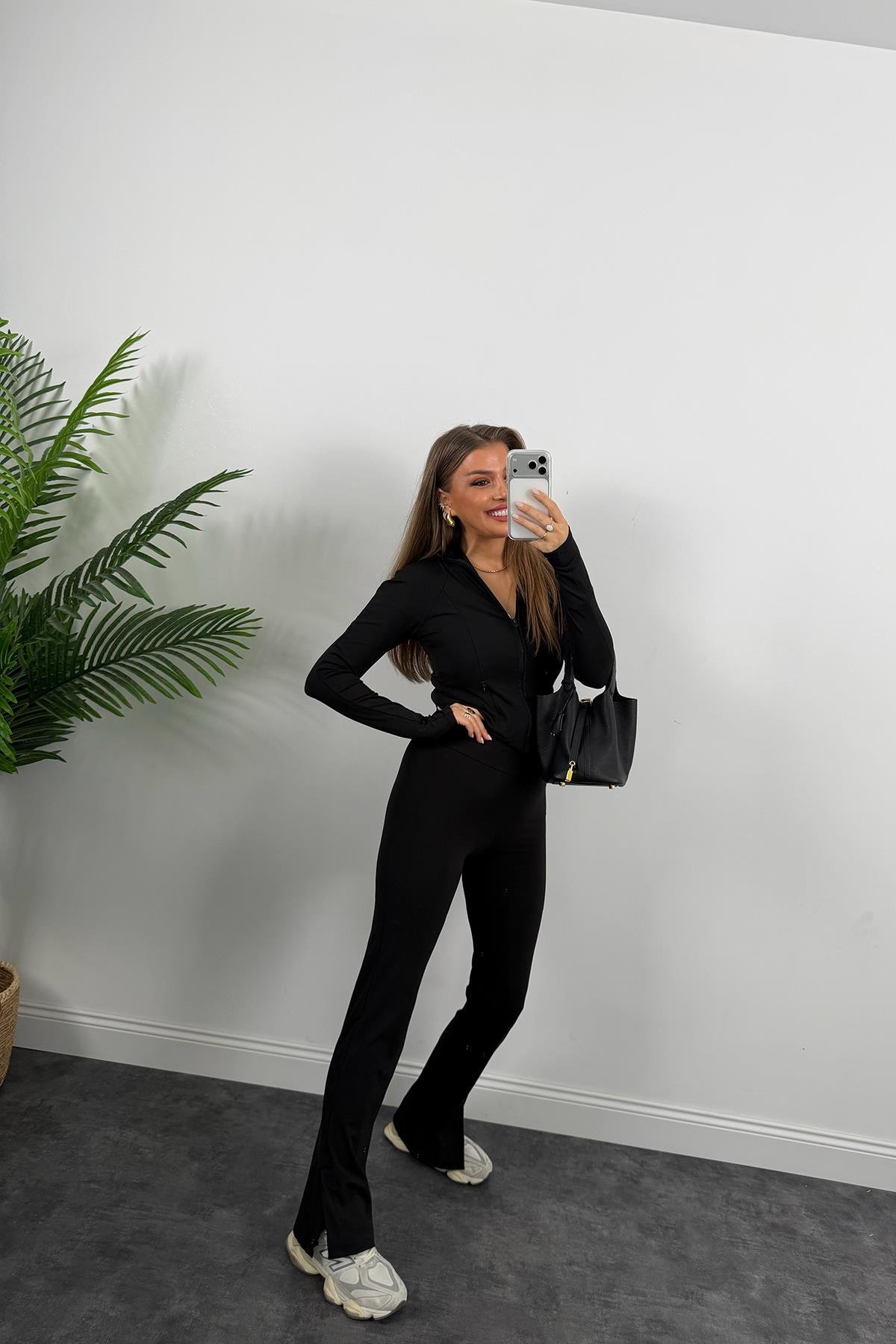 Soft Touch Lüx Kalite Oysh Model Yırtmaçlı Tayt Takım Siyah