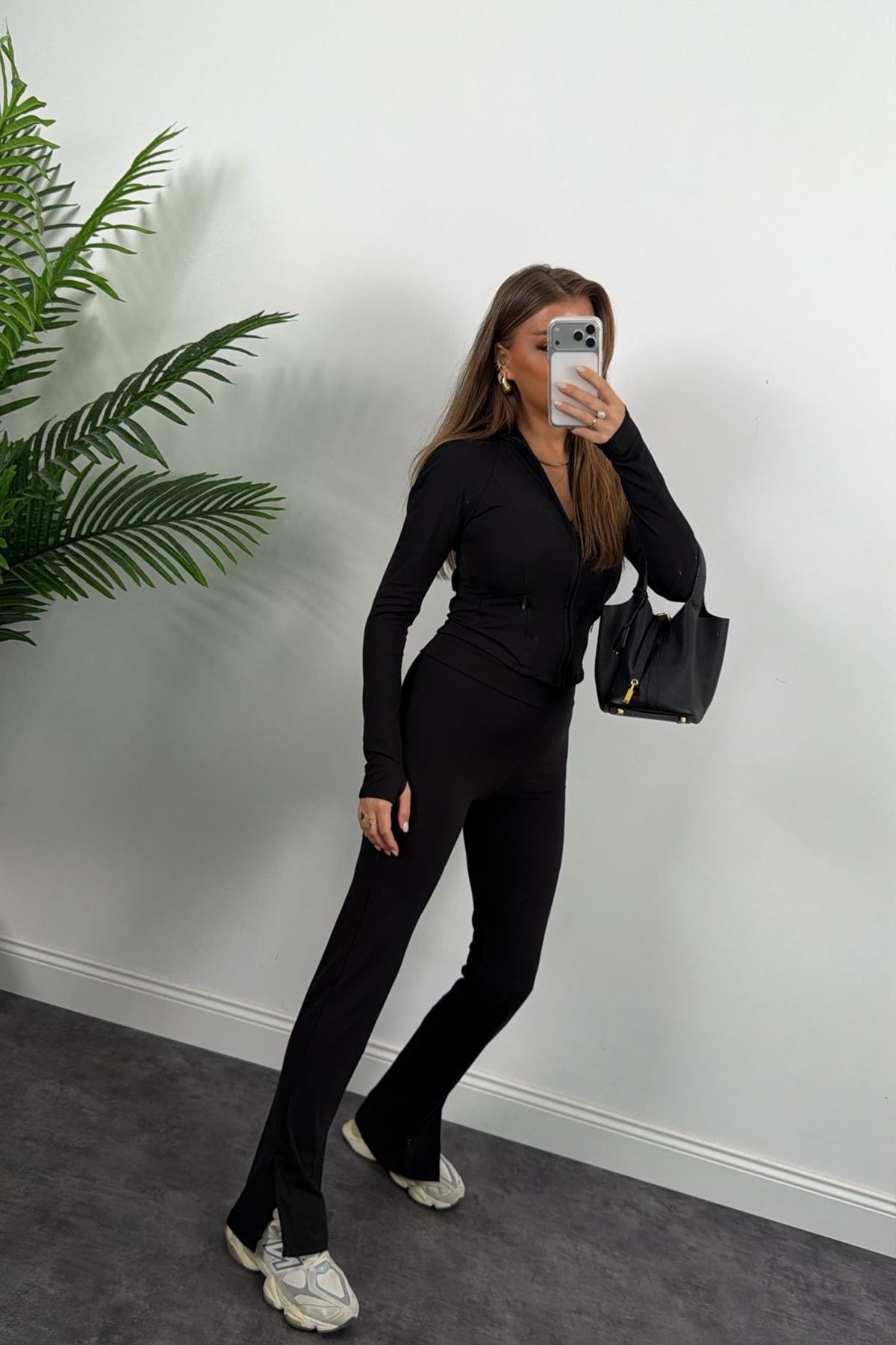 Soft Touch Lüx Kalite Oysh Model Yırtmaçlı Tayt Takım Siyah