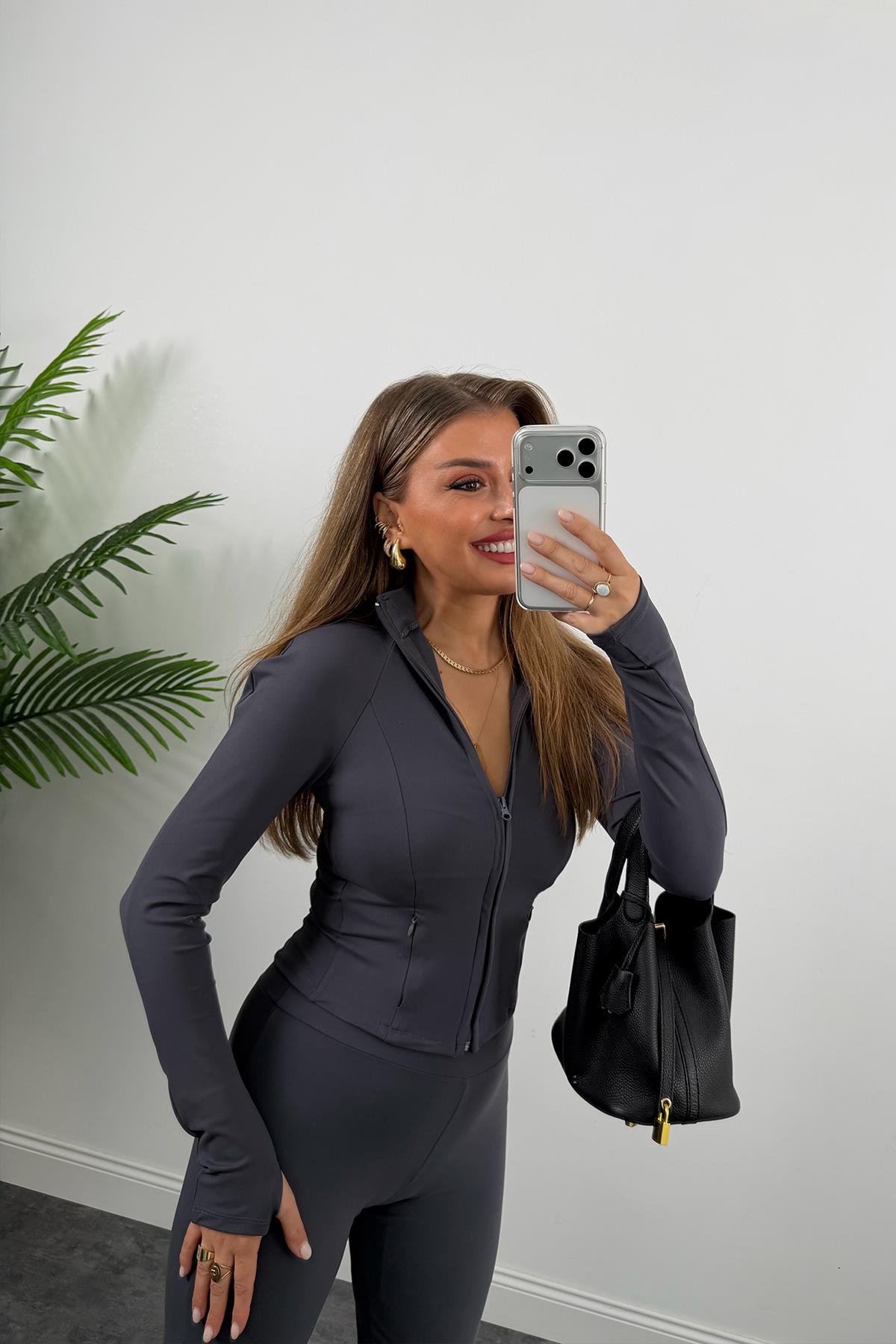 Soft Touch Lüx Kalite Oysh Model Yırtmaçlı Tayt Takım Antrasit