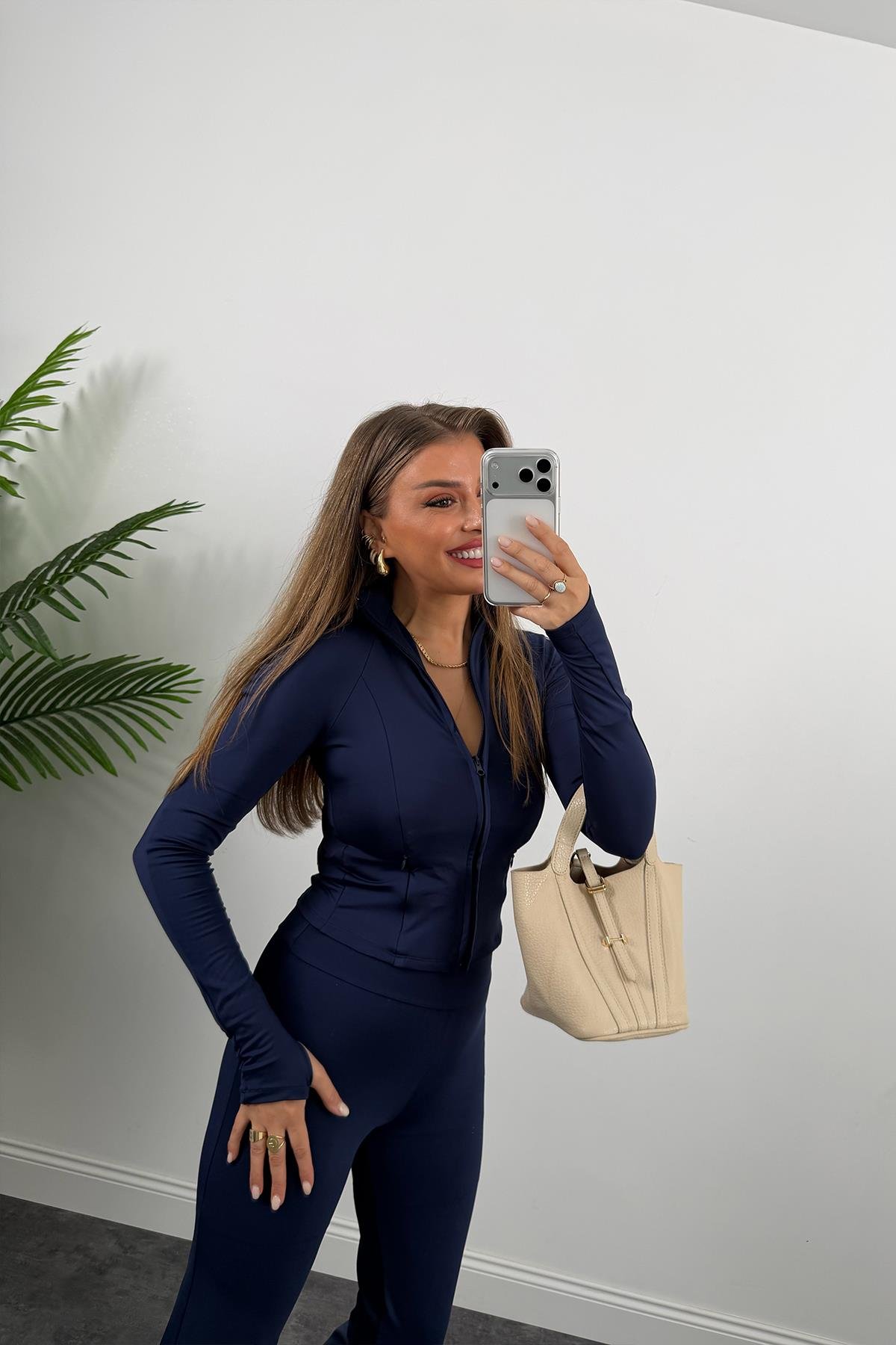 Soft Touch Lüx Kalite Oysh Model Yırtmaçlı Tayt Takım Lacivert