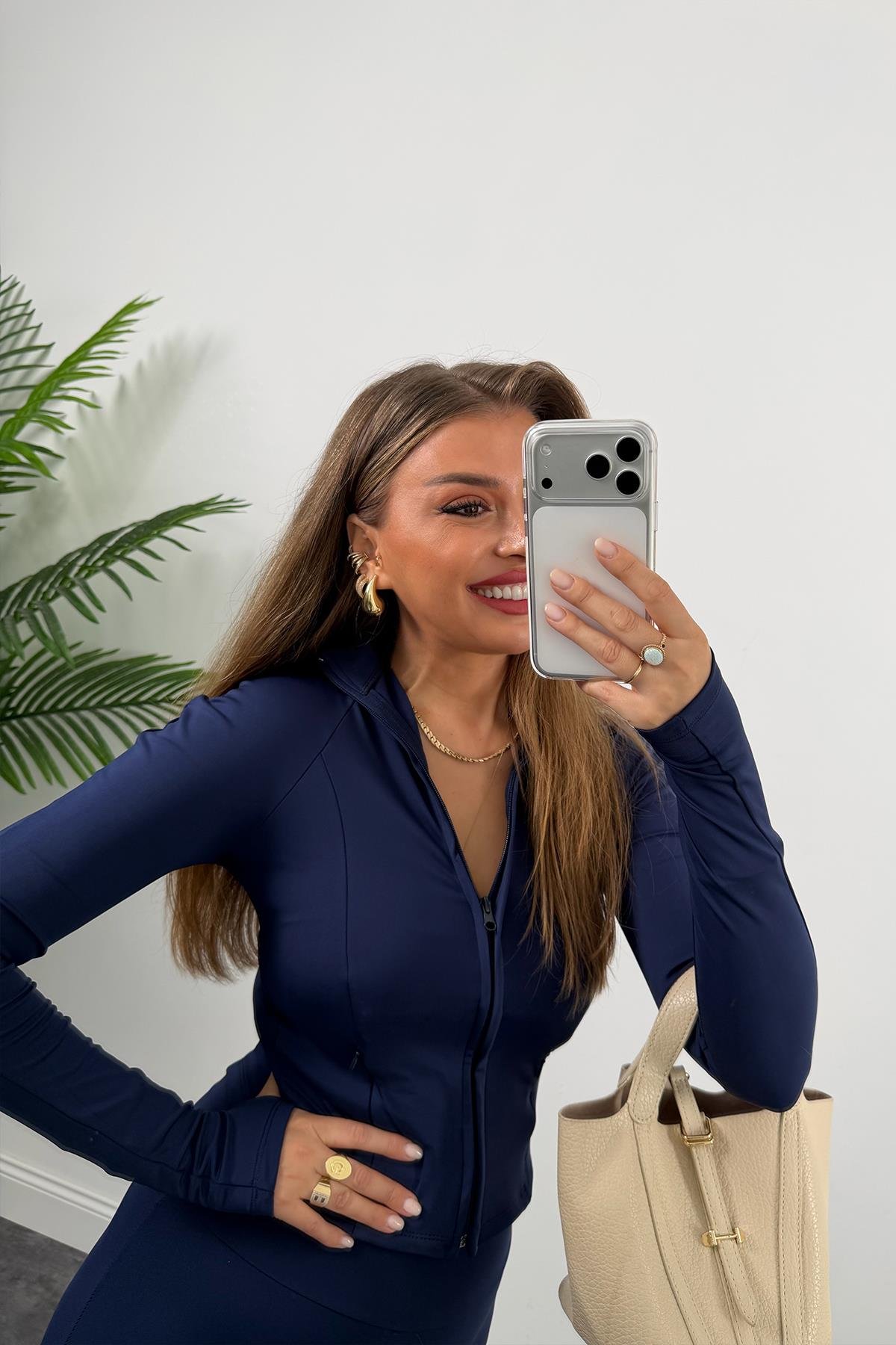 Soft Touch Lüx Kalite Oysh Model Yırtmaçlı Tayt Takım Lacivert