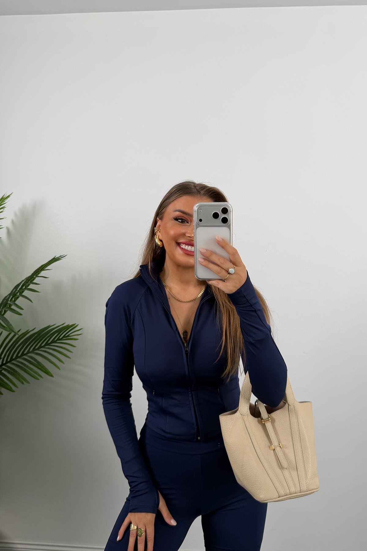 Soft Touch Lüx Kalite Oysh Model Yırtmaçlı Tayt Takım Lacivert