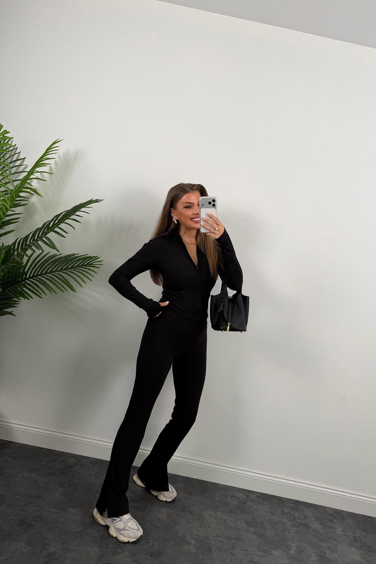 Soft Touch Lüx Kalite Oysh Model Yırtmaçlı Tayt Takım Siyah