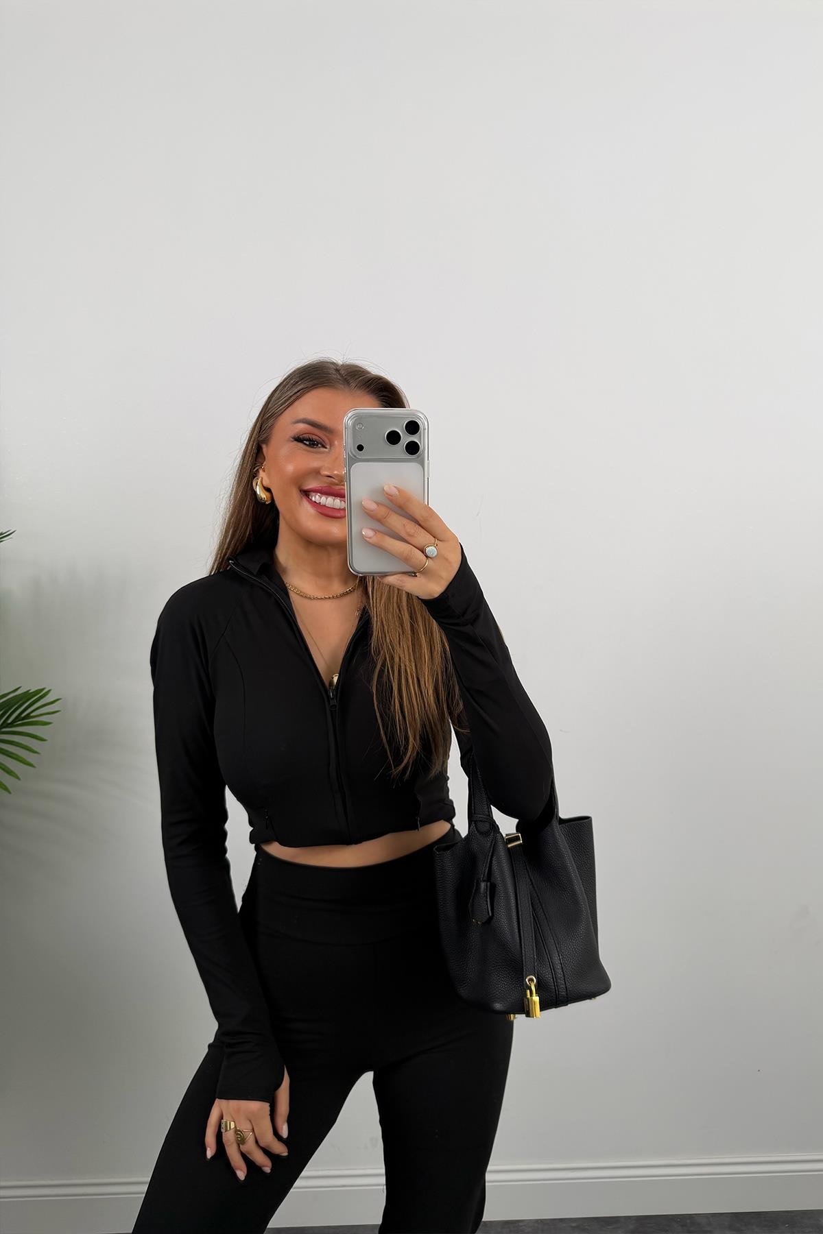 Soft Touch Lüx Kalite Oysh Model Yırtmaçlı Tayt Takım Siyah