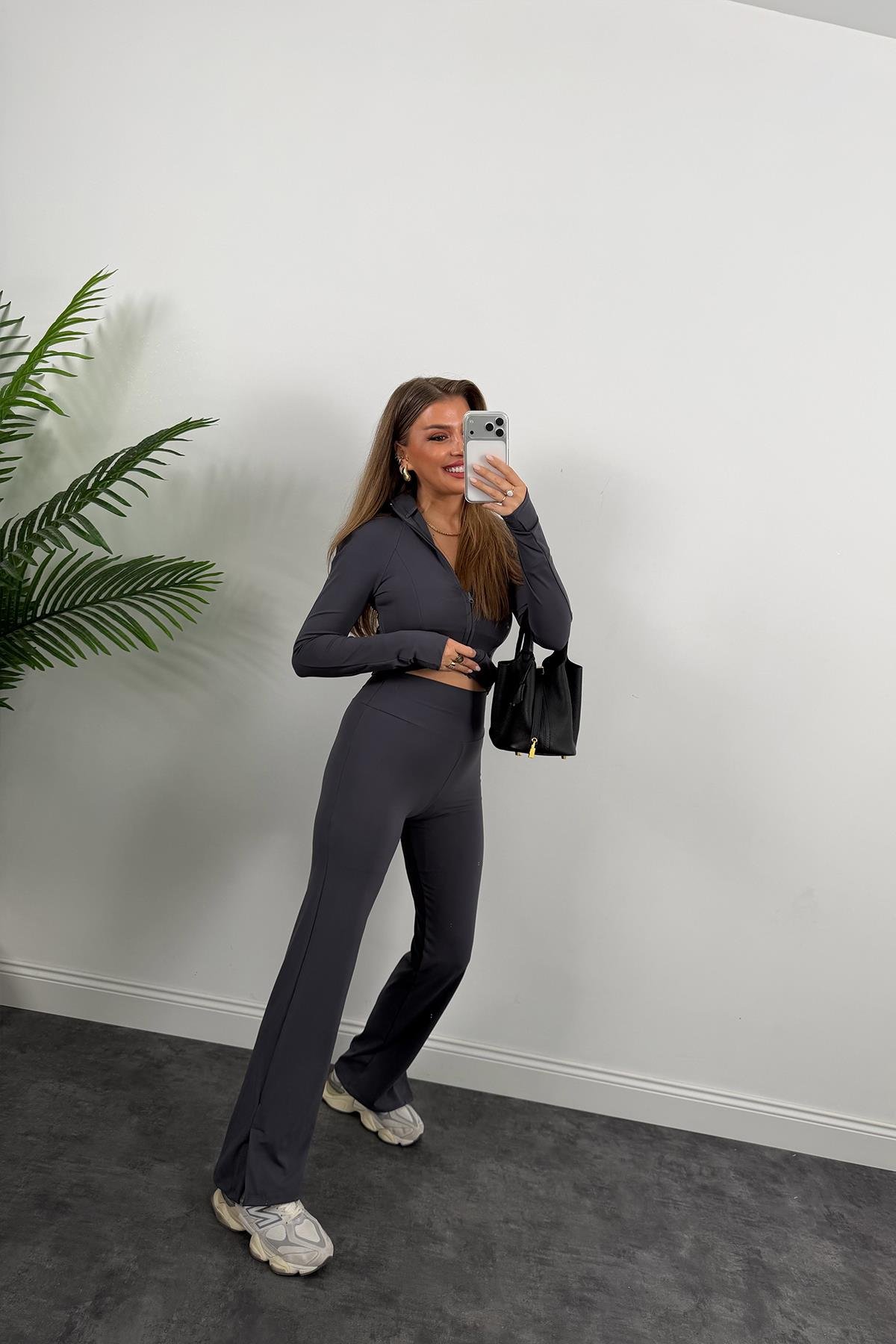 Soft Touch Lüx Kalite Oysh Model Yırtmaçlı Tayt Takım Antrasit