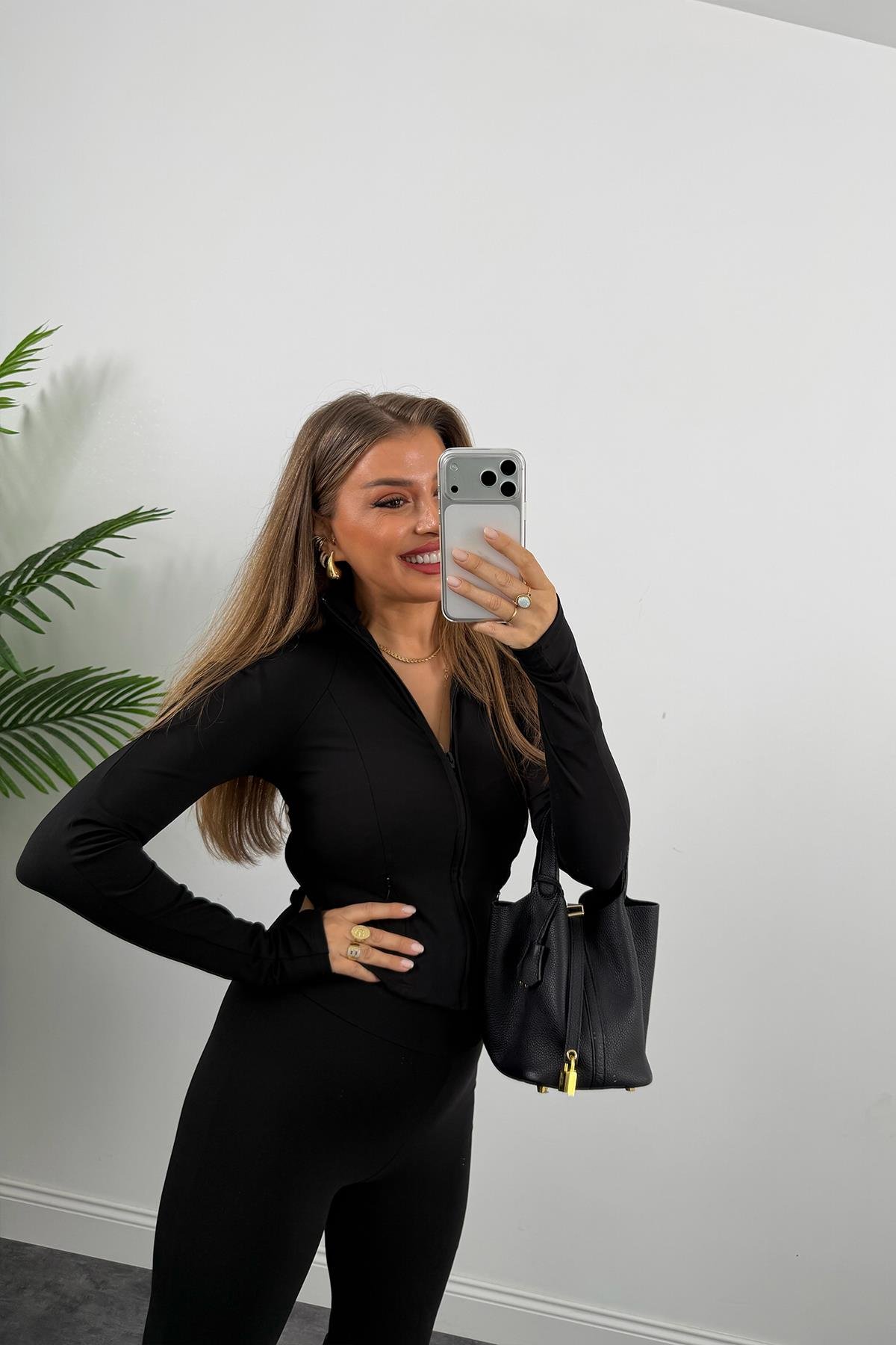 Soft Touch Lüx Kalite Oysh Model Yırtmaçlı Tayt Takım Siyah