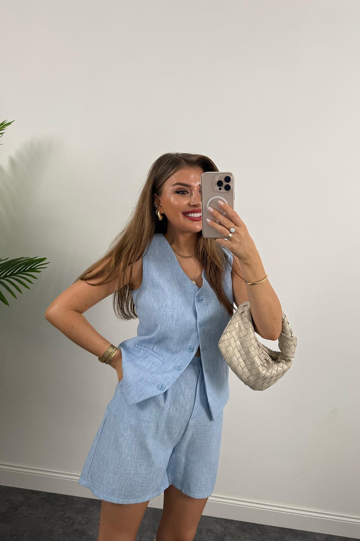 Şort Etek Keten Basic Takım Mavi