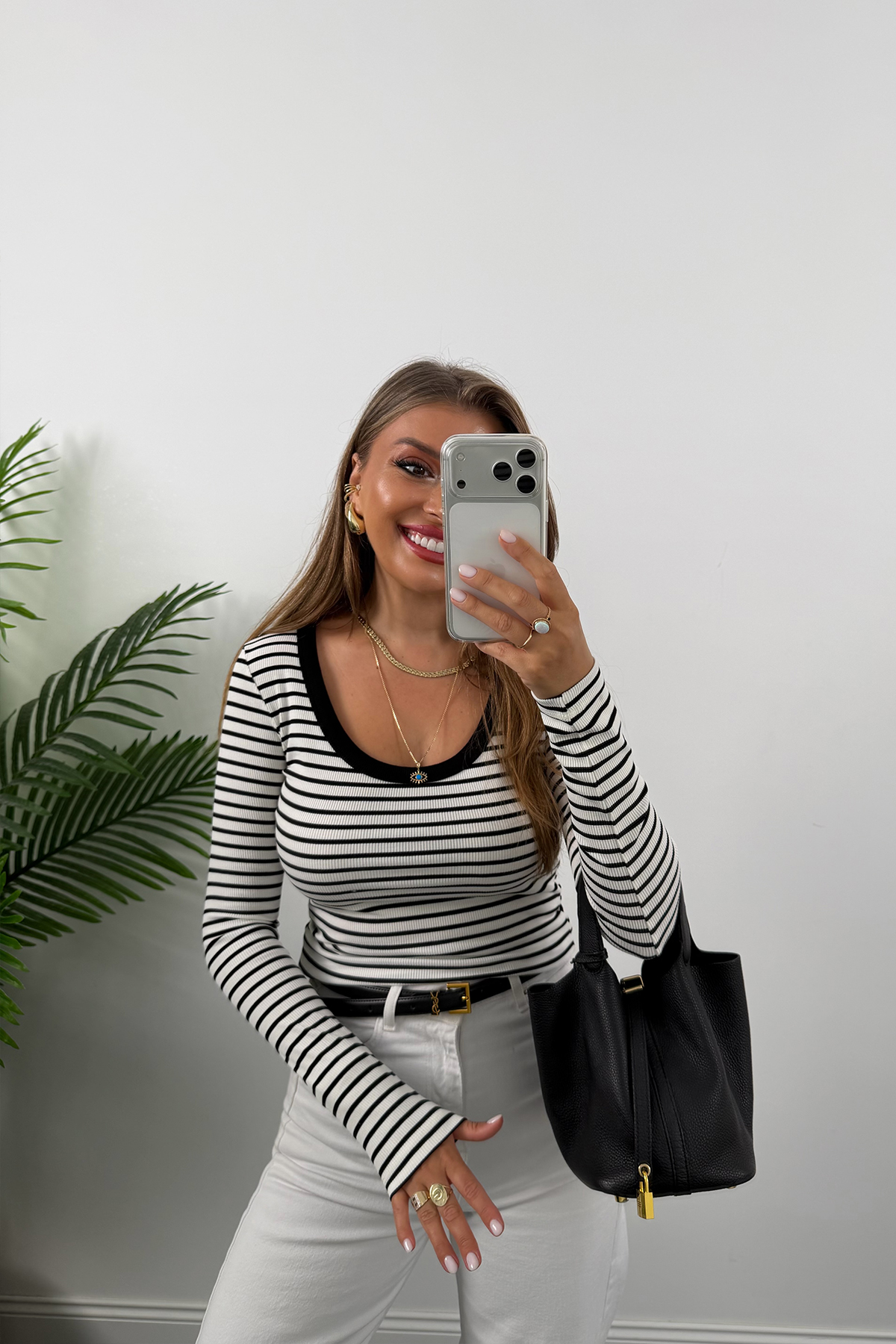 U Yaka %100 Pamuklu Likralı Basic Body Çizgili
