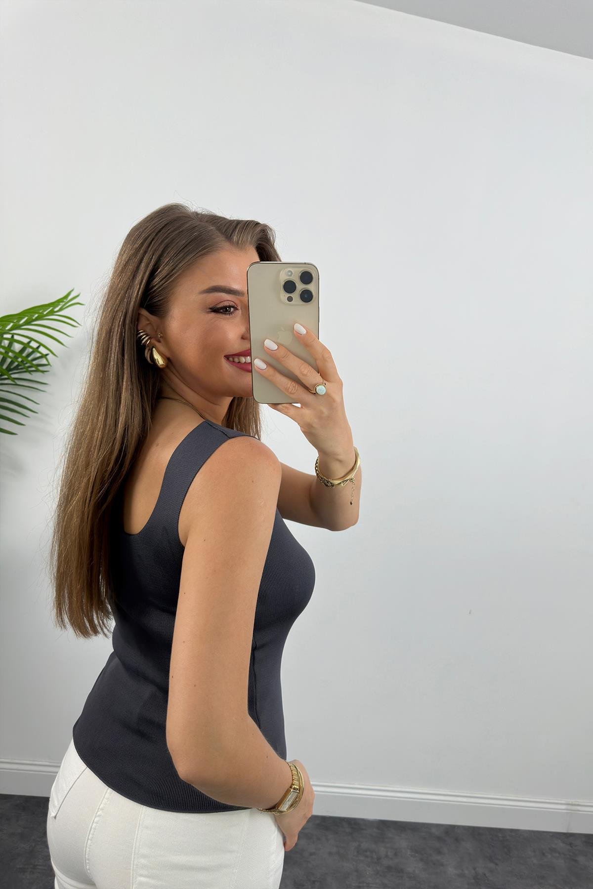 Uzun Boy Elit Triko Kare Yaka Likralı Atlet Antrasit