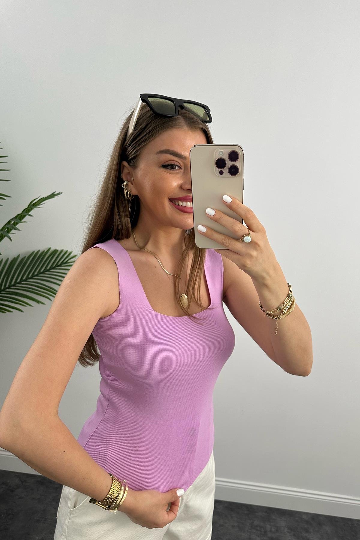 Uzun Boy Elit Triko Kare Yaka Likralı Atlet Lila