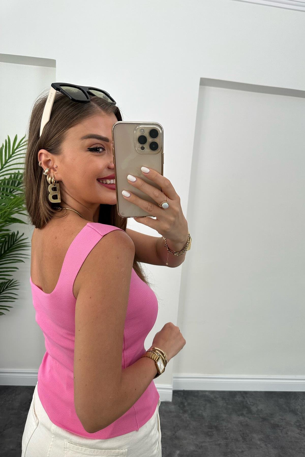 Uzun Boy Elit Triko Kare Yaka Likralı Atlet Pembe