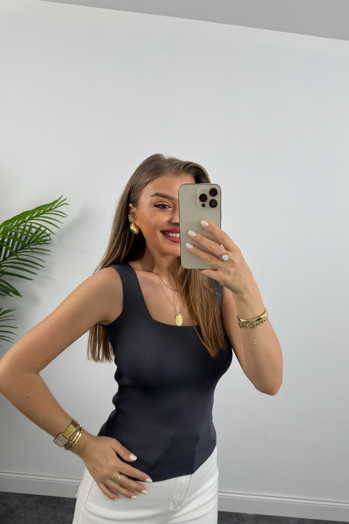 Uzun Boy Elit Triko Kare Yaka Likralı Atlet Antrasit